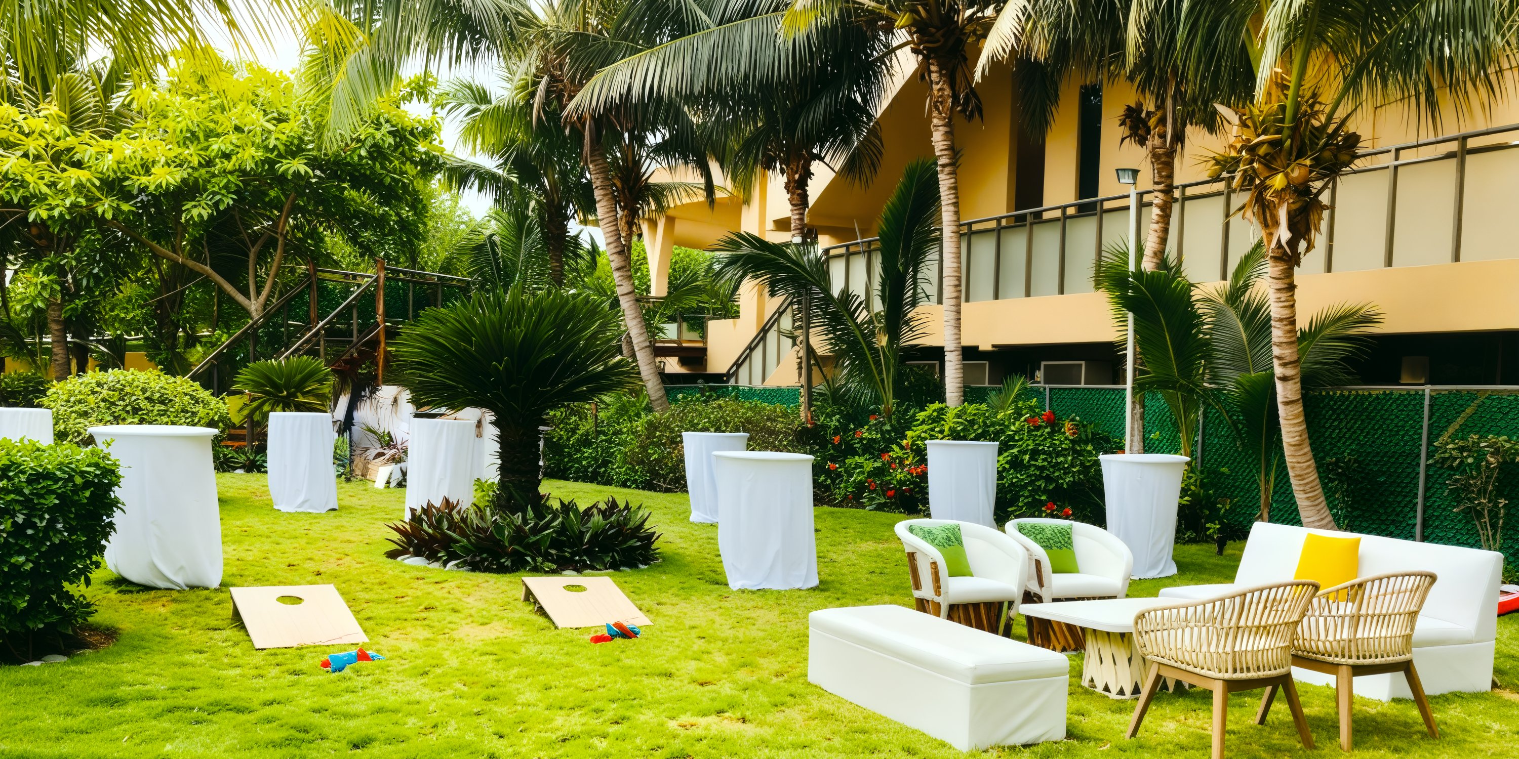 Generations Riviera Maya offers an idyllic setting for a destination wedding, featuring outdoor seating and covered tables nestled among palm trees, as well as cornhole games for entertainment.