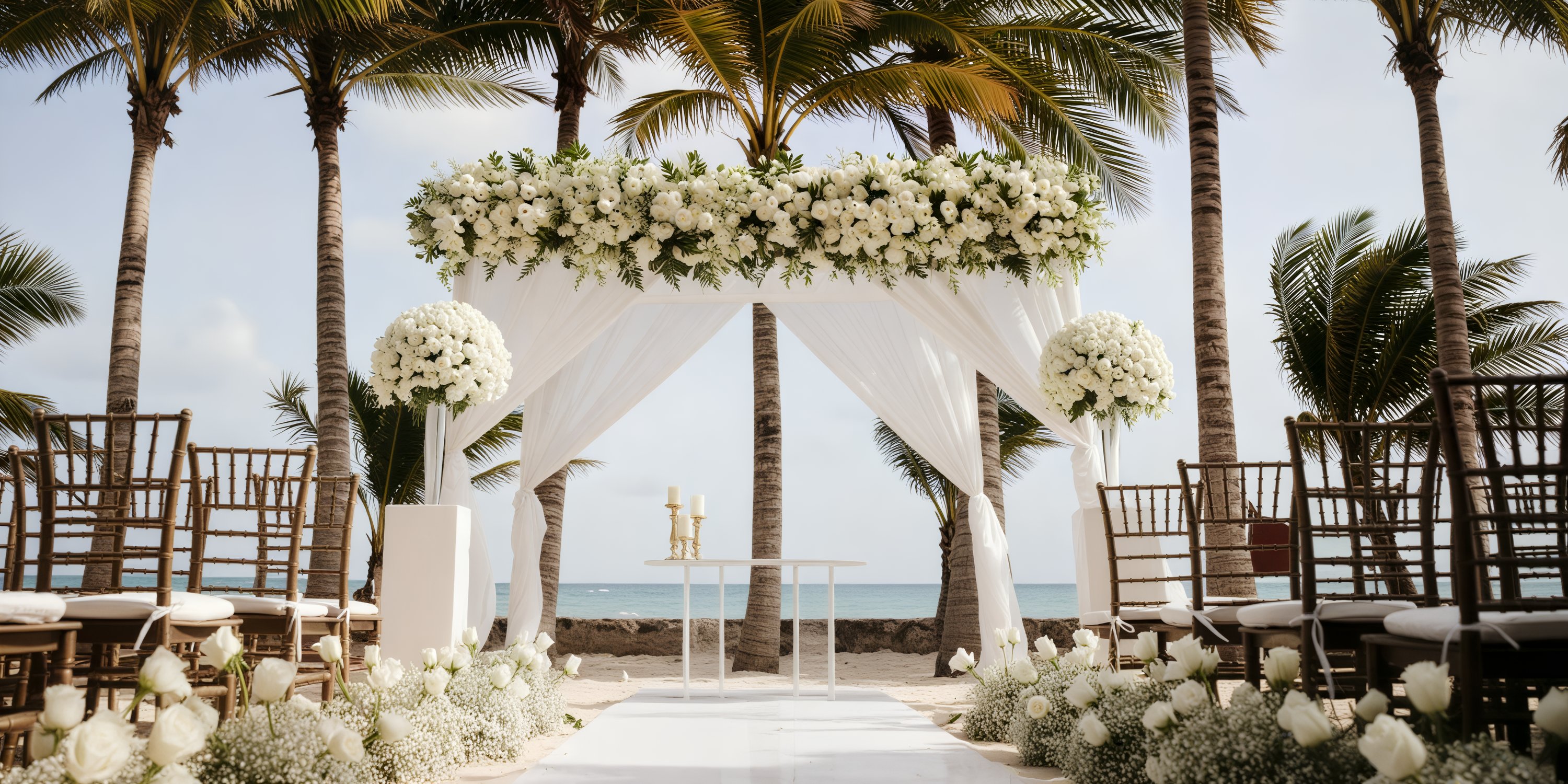 Destination wedding setup at Generations Riviera Maya with white flowers, chairs, and palm trees.