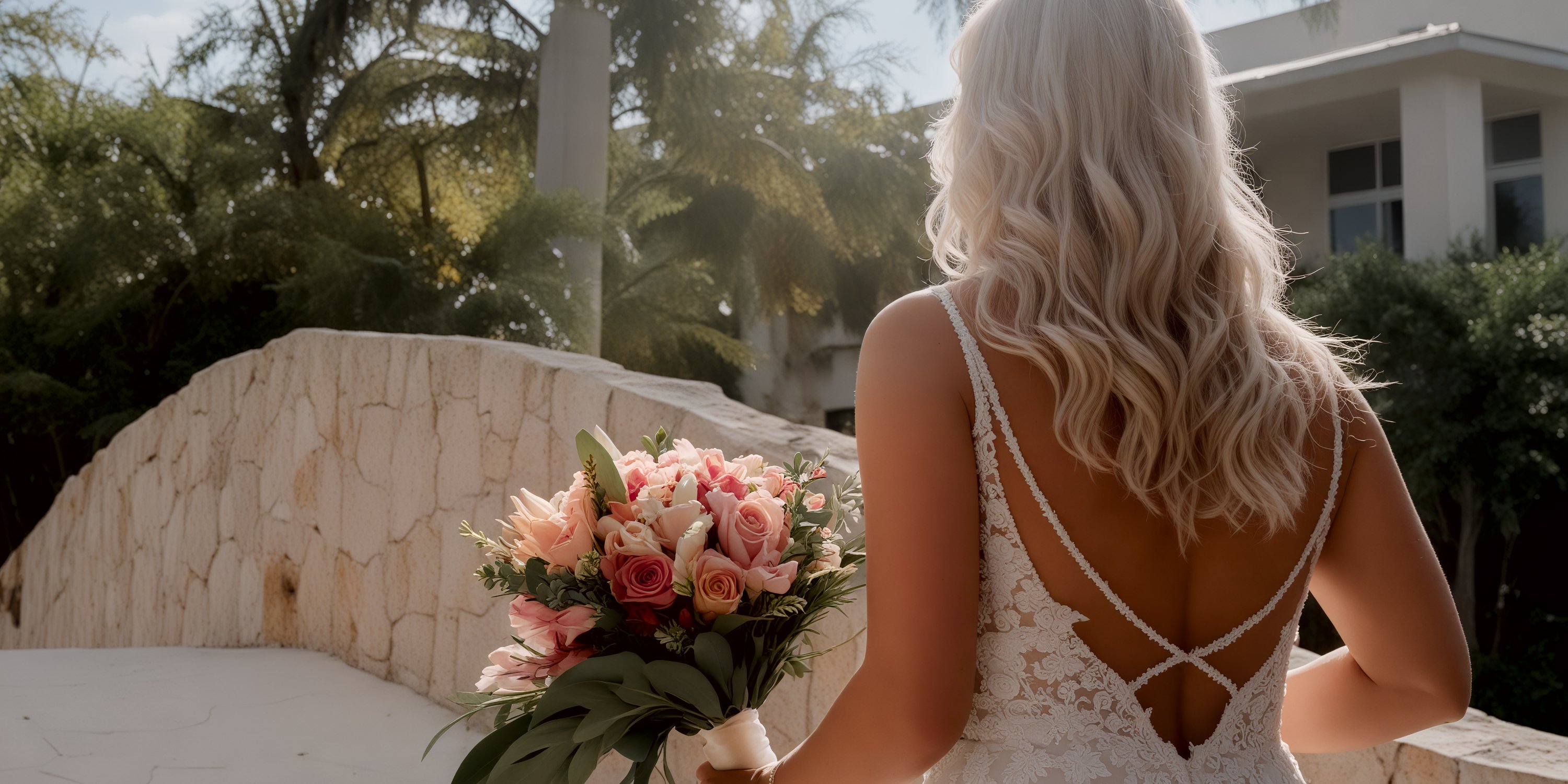 Bride in lace dress at destination wedding, Generations Riviera Maya, holding rose bouquet by stone steps.