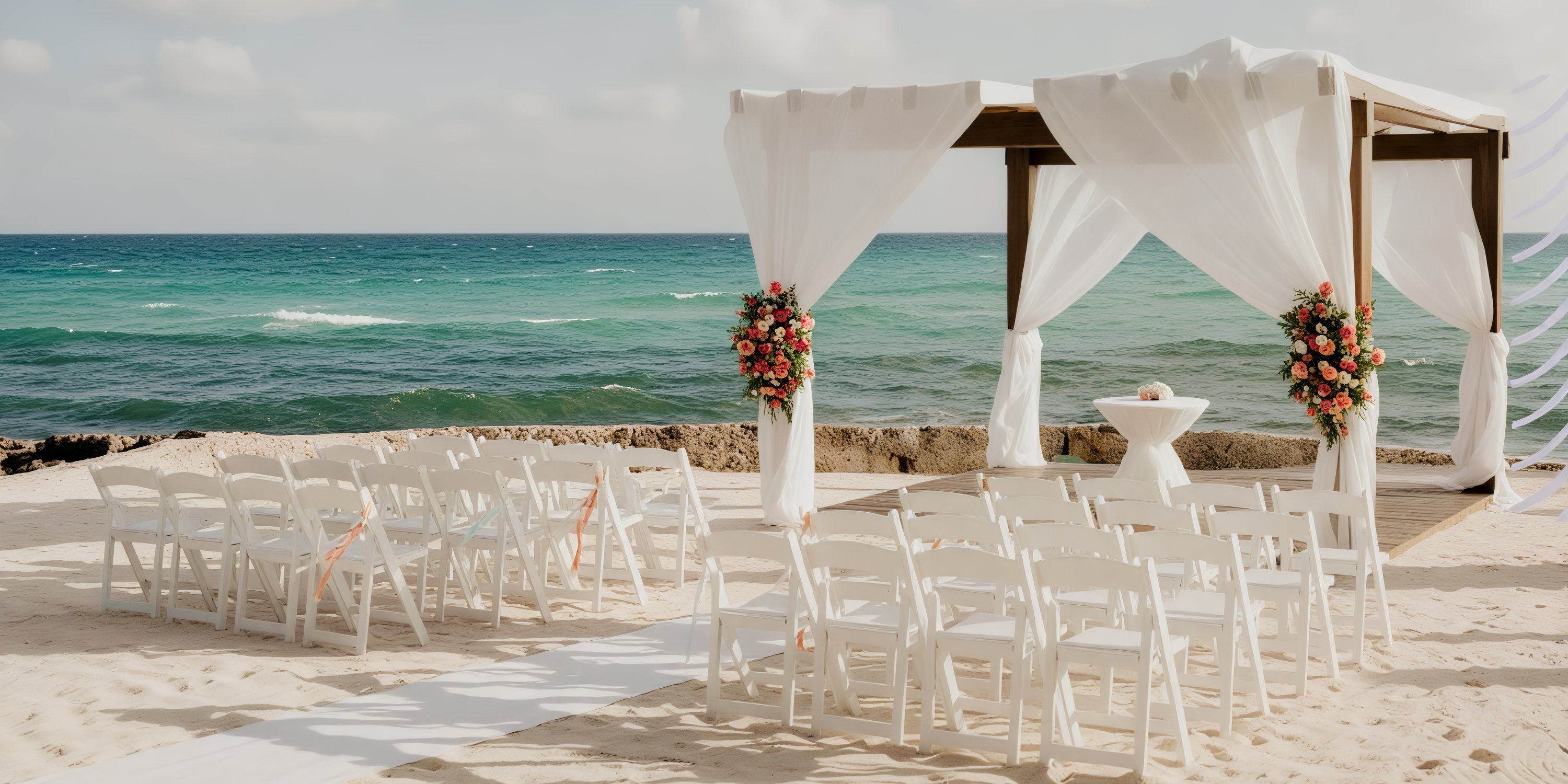 Destination wedding at Generations Riviera Maya: white chairs, floral accents, and a seaside canopy.