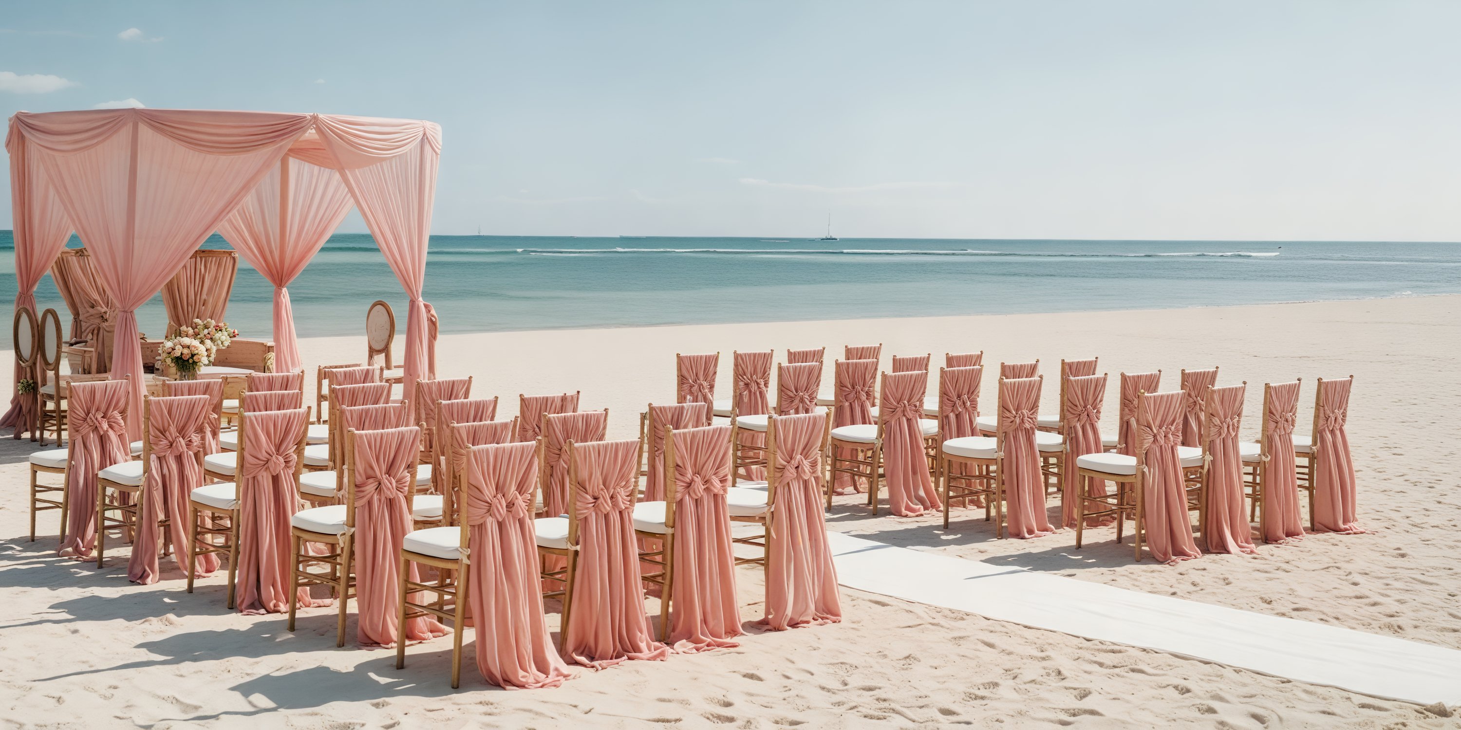 Pink draped chairs arranged for a destination wedding on the sandy oceanfront at Generations Riviera Maya.
