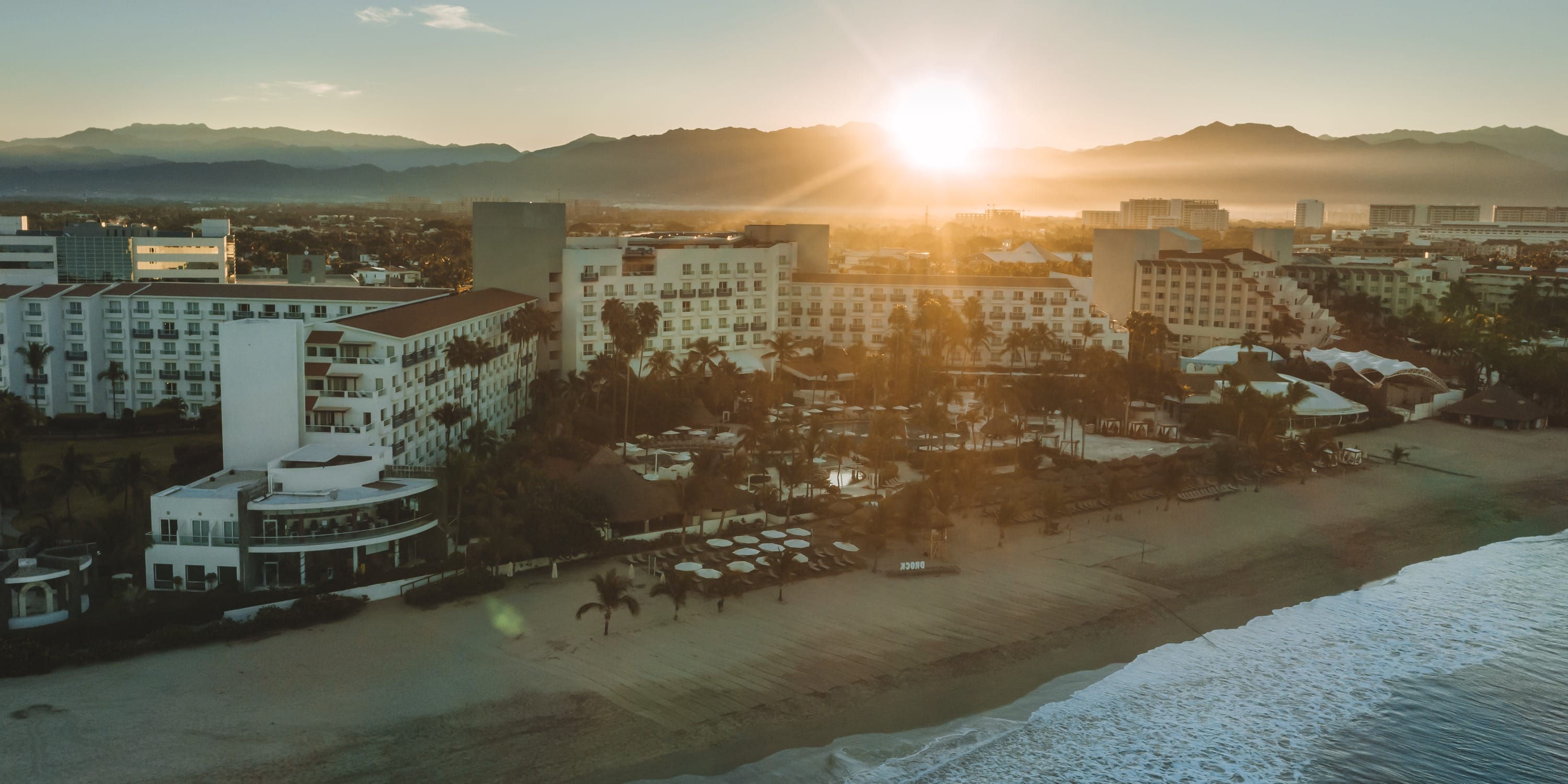 Aerial view of the Hard Rock Vallarta at sunset, a perfect destination wedding location.
