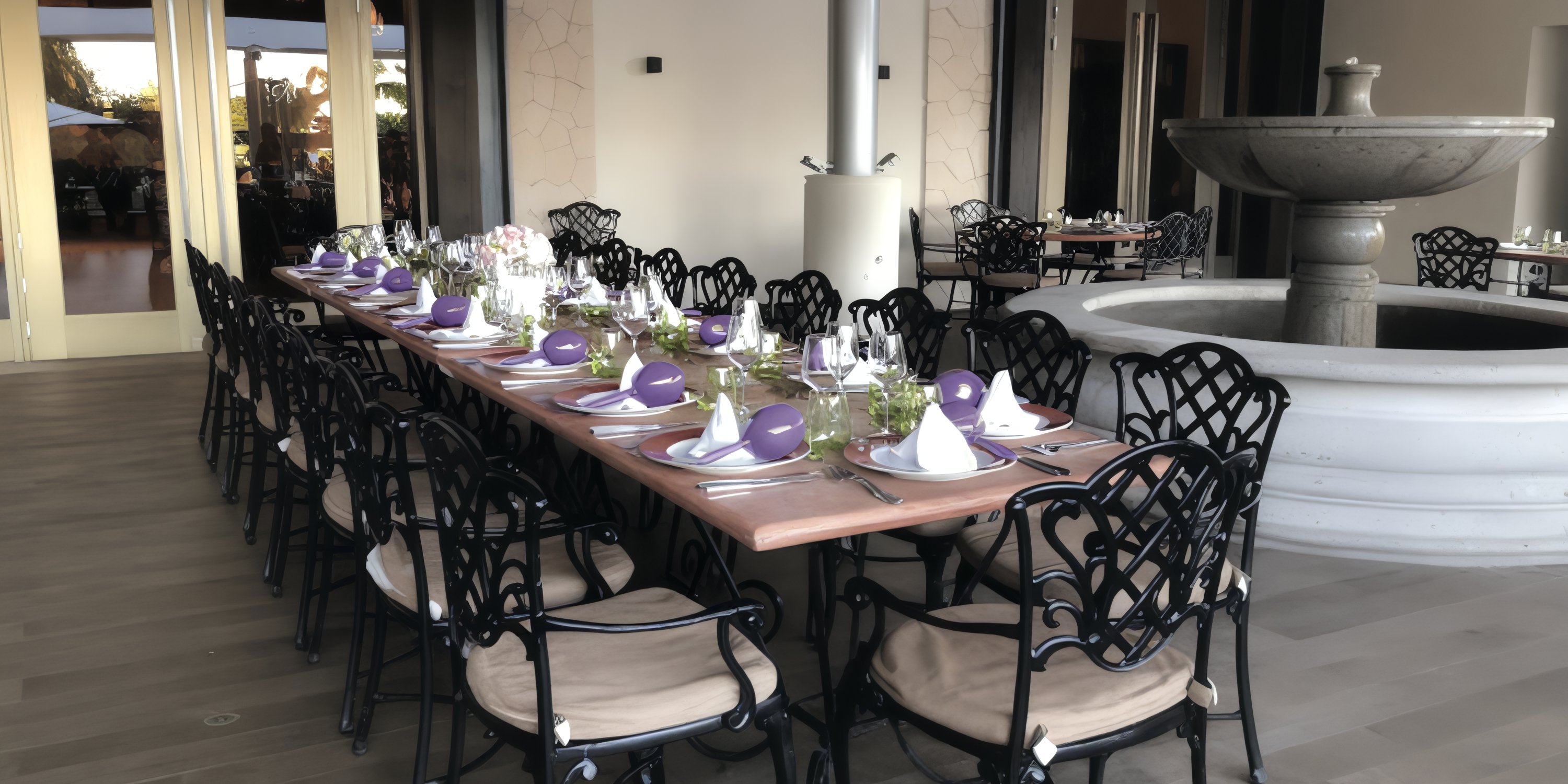 Wedding meal table by a fountain at Hideaway at Royalton Riviera Cancun, set with purple napkins and chairs.