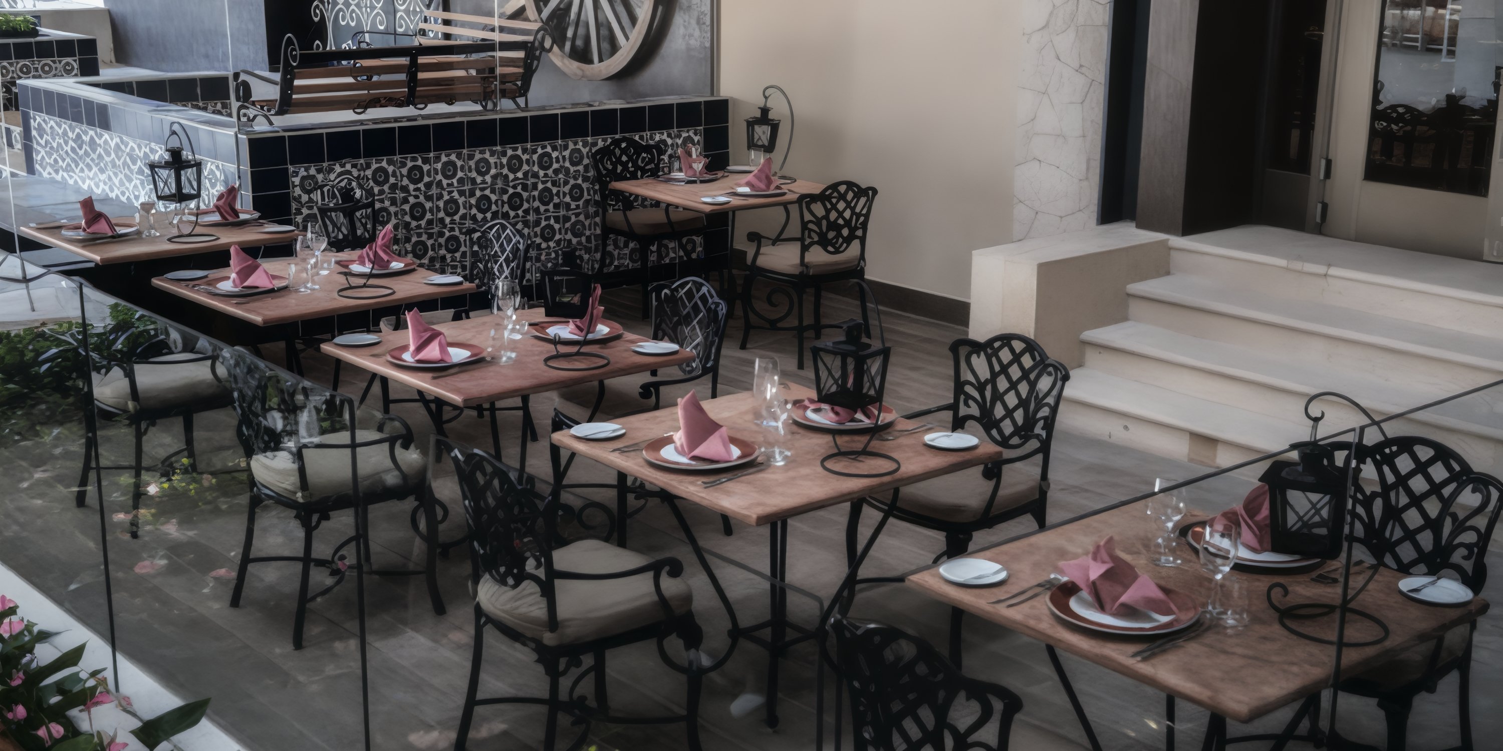 Hideaway at Royalton Riviera Cancun patio set for a destination wedding with tables, black chairs, and beige cushions.