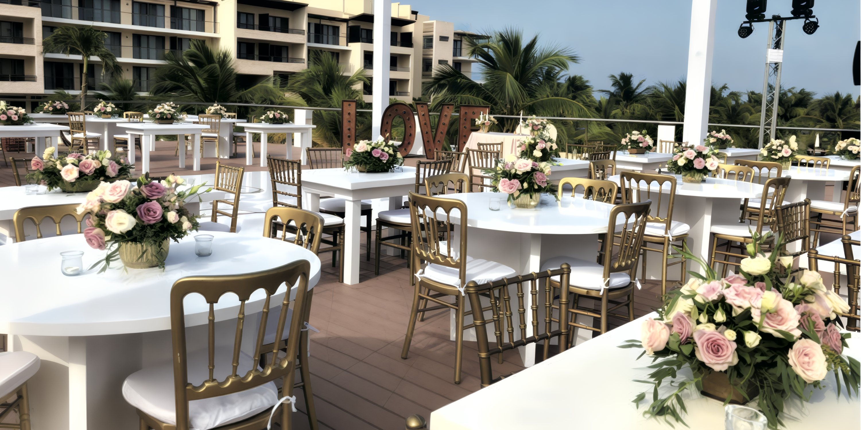 Destination wedding setup at Hideaway at Royalton Riviera Cancun featuring round tables and gold chairs.