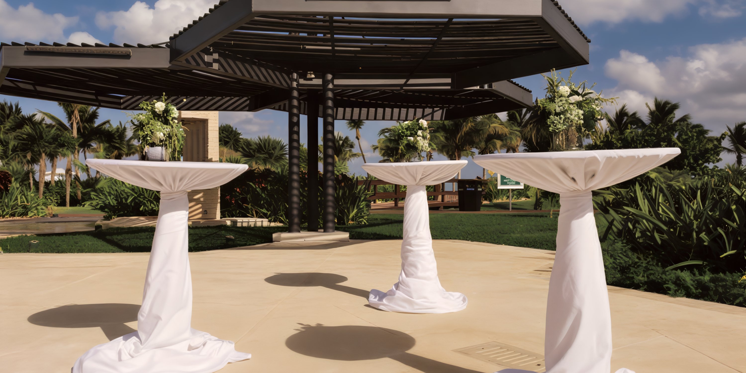 Cocktail tables with floral arrangements set for a destination wedding under a modern pavilion at Hideaway.