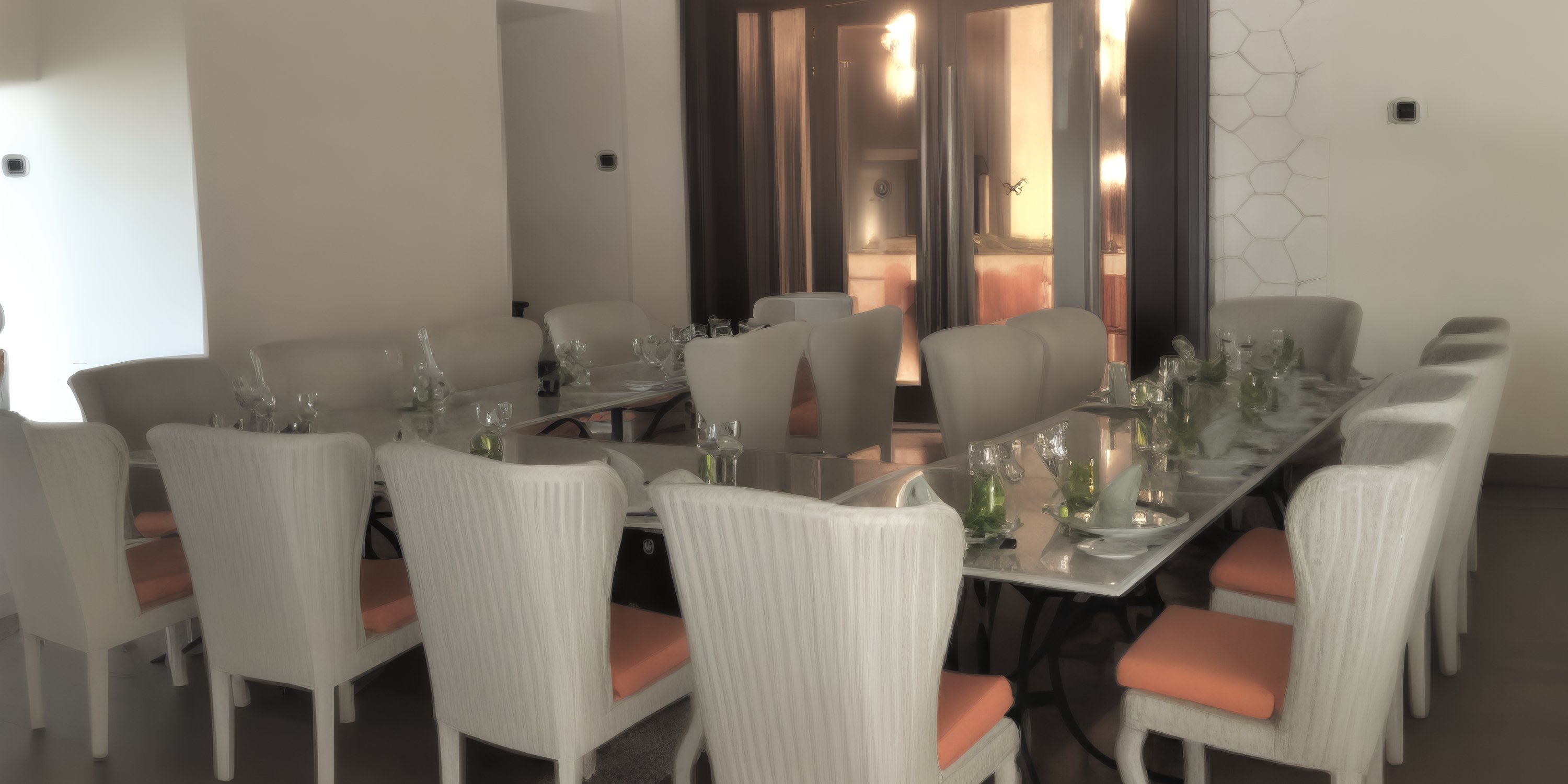 A modern dining room at Hideaway at Royalton Riviera Cancun, ideal for a wedding, with glass table and white chairs.