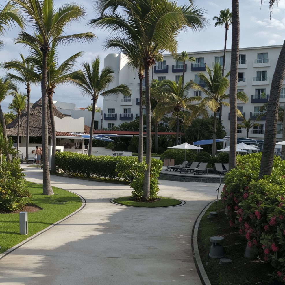 A curved pathway lined with palm trees leads to a stunning hotel, where poolside lounge chairs set the scene for an unforgettable destination wedding.