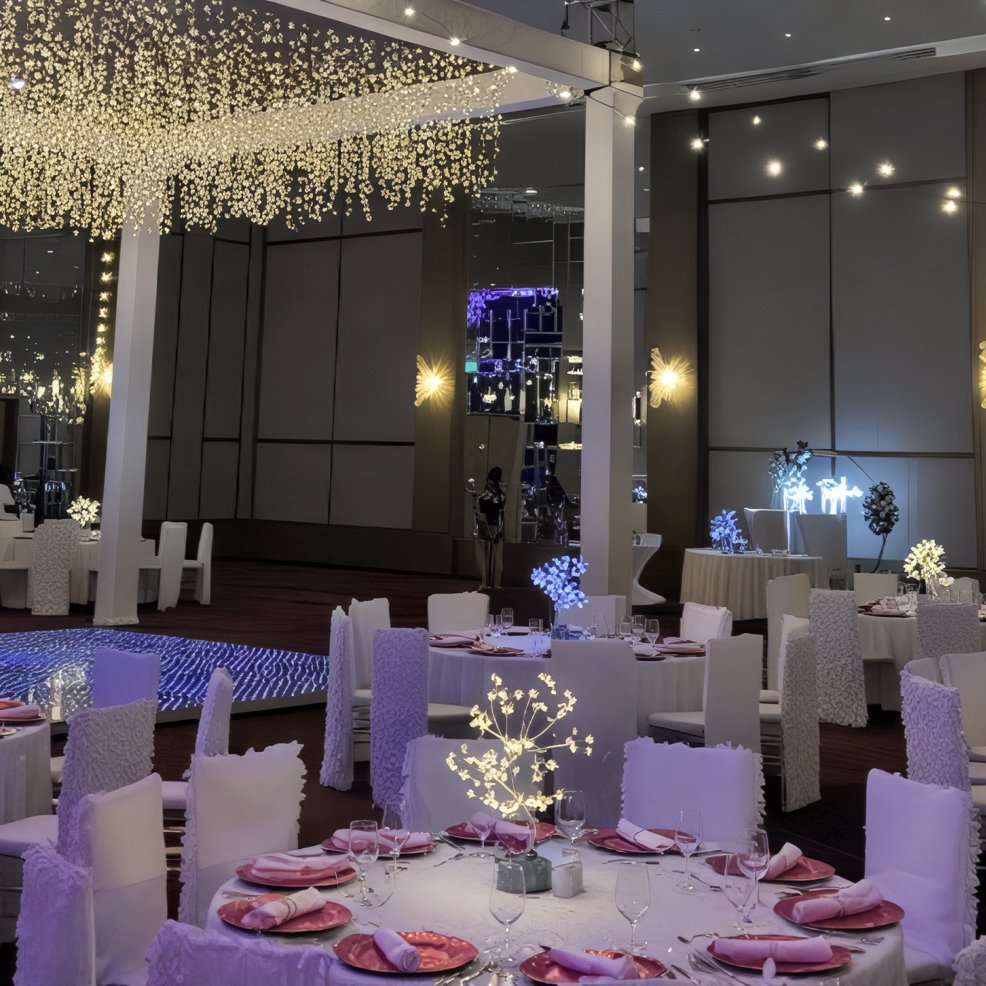 Elegant wedding banquet hall featuring round tables adorned with pink napkins and glowing decorative lights—perfect for a romantic destination wedding celebration.