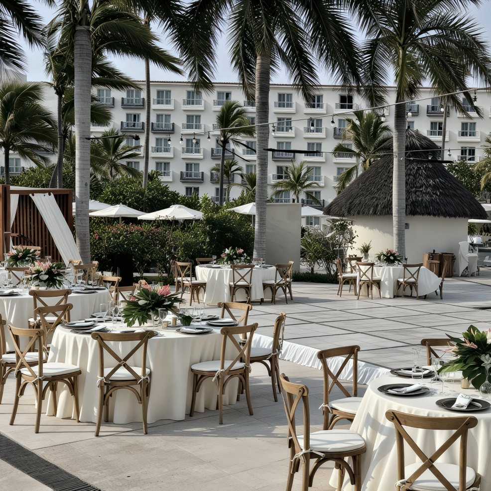 A beautiful destination wedding setup featuring round tables adorned with floral centerpieces and elegant chairs, arranged outdoors near swaying palm trees and a picturesque hotel.