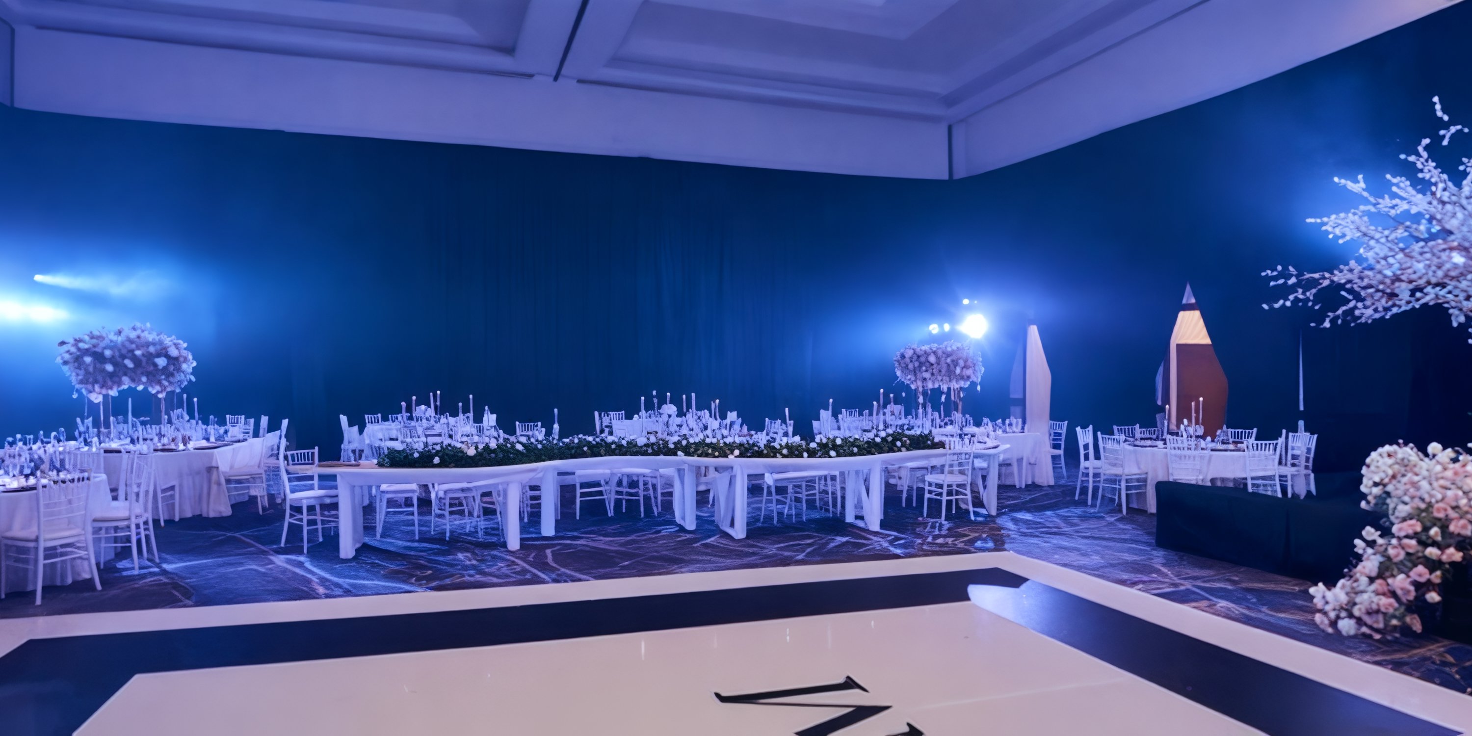 Hyatt Vivid Playa del Carmen banquet hall set for a destination wedding with elegant tables and blue lighting.