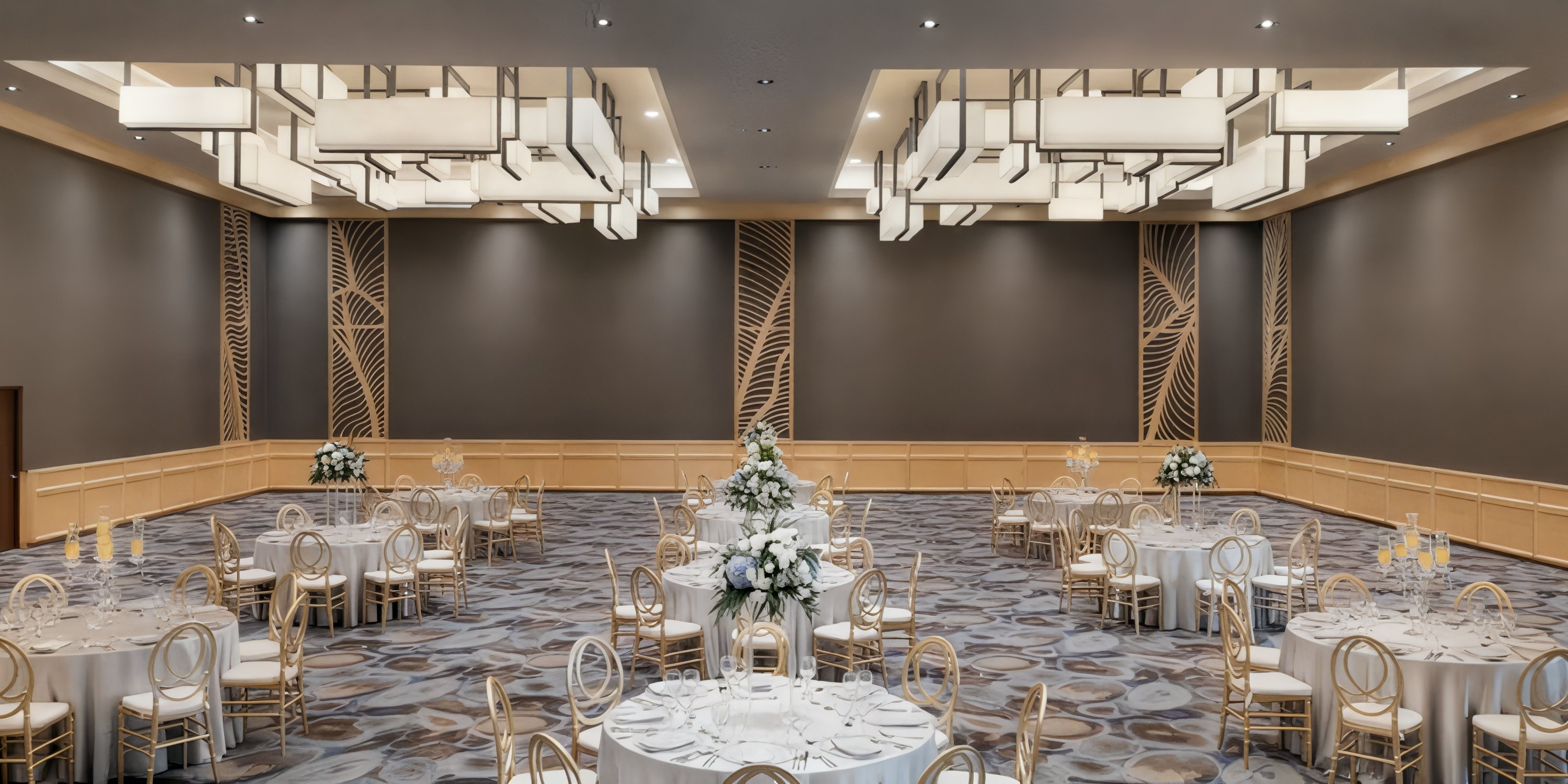 Hyatt Vivid Playa del Carmen showcases a spacious wedding hall with round tables and modern chandeliers.