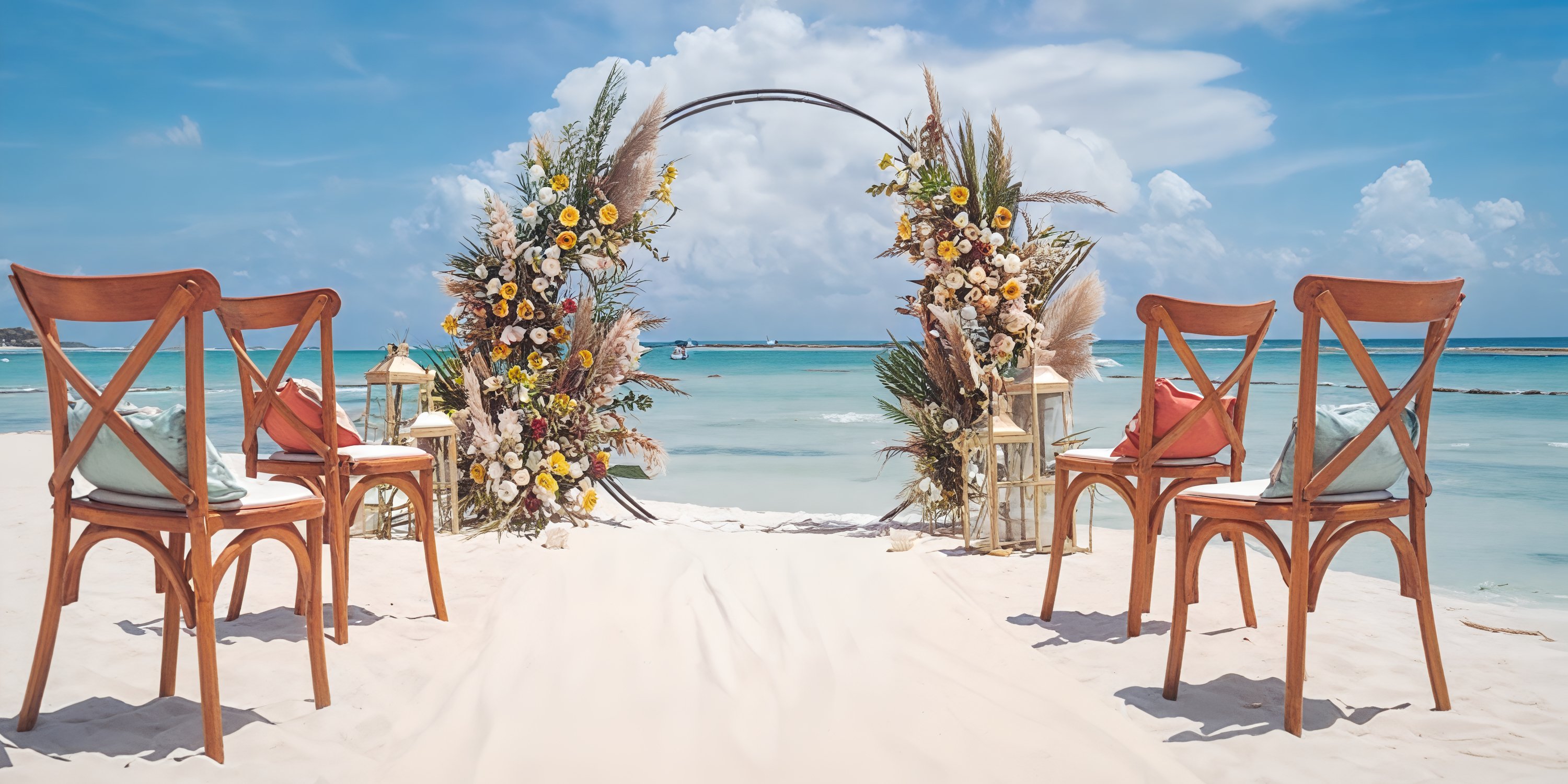Four chairs face a wedding arch on the sand, set for a destination wedding at Hyatt Vivid Playa del Carmen.