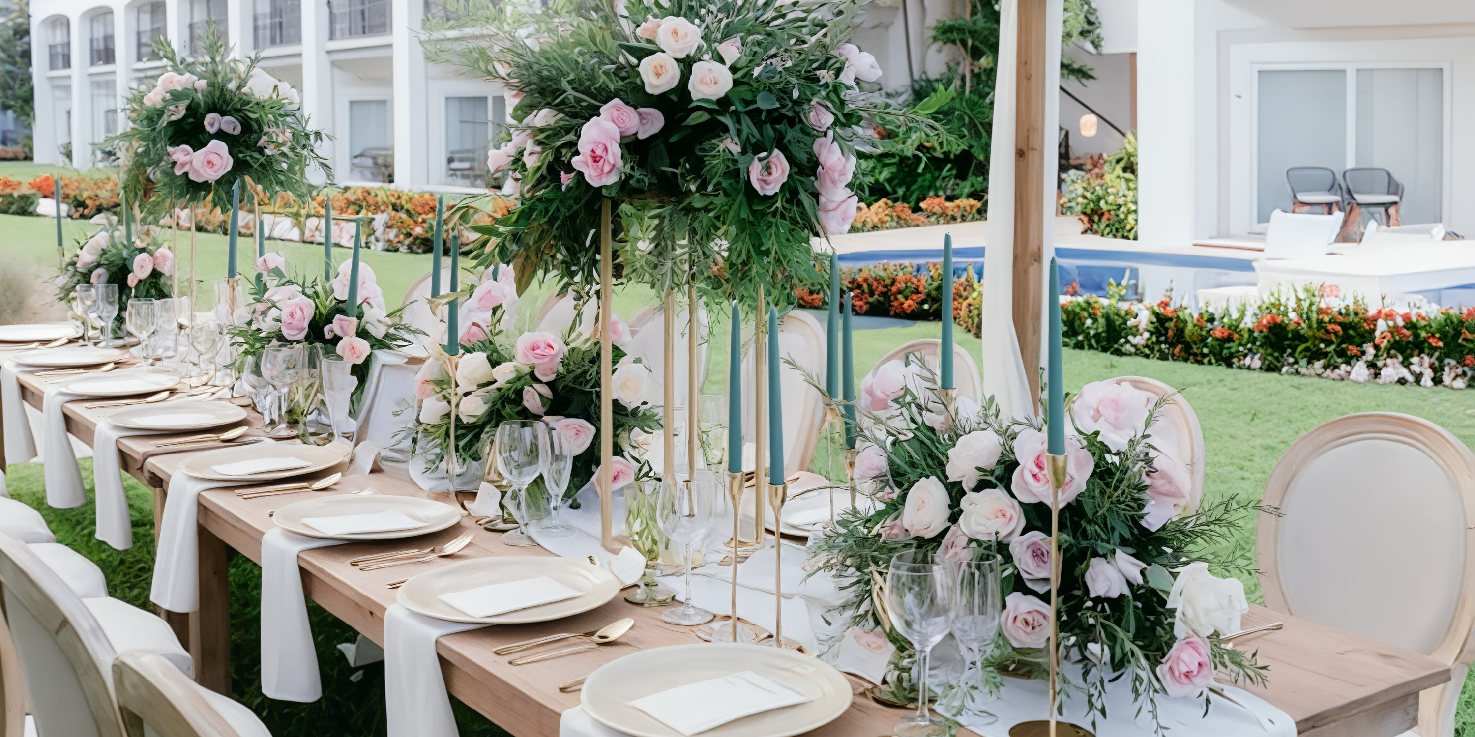 Chic destination wedding table at Hyatt Vivid Playa del Carmen, adorned with lush floral centerpieces.