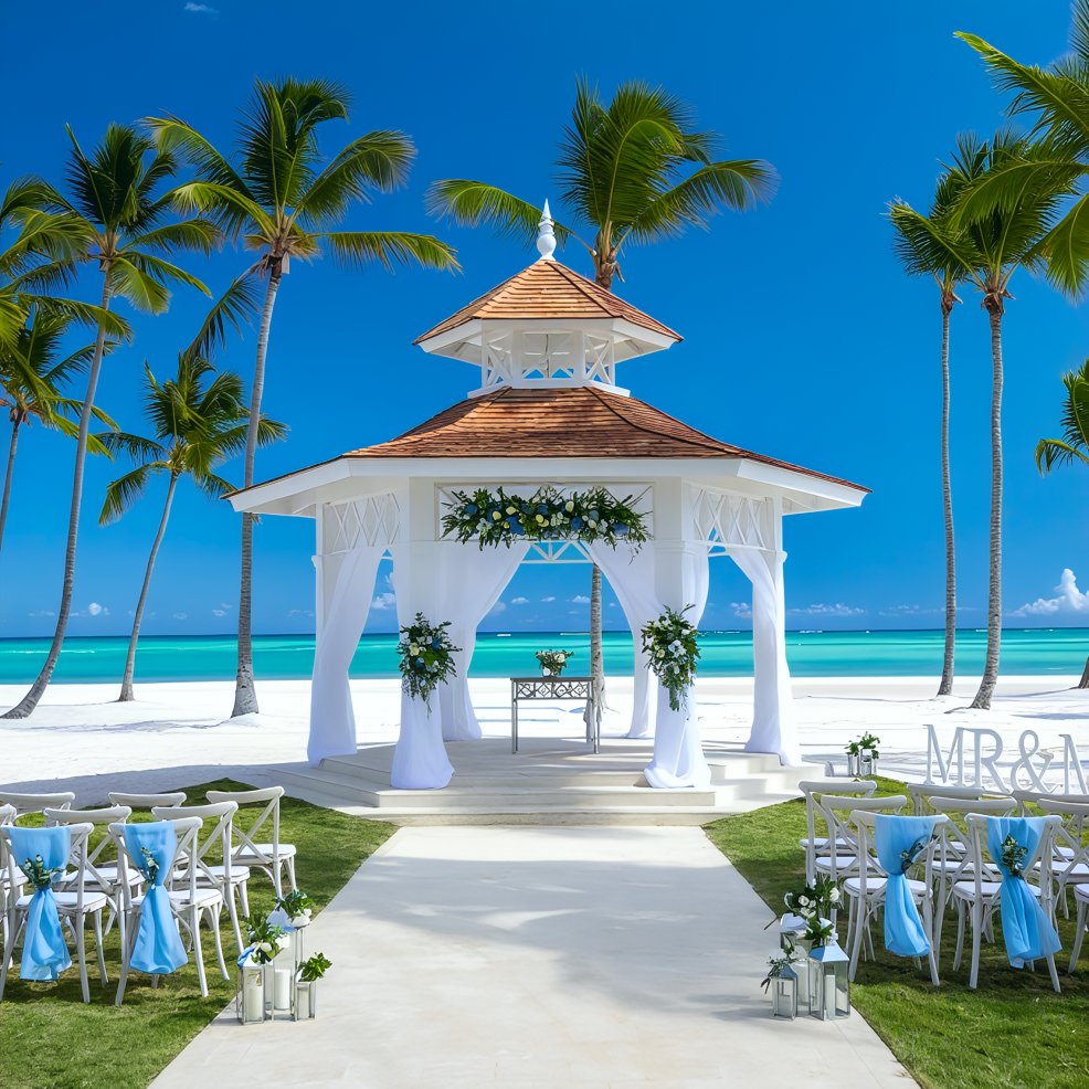 White gazebo set up for a destination wedding on the beach, surrounded by chairs and palm trees.