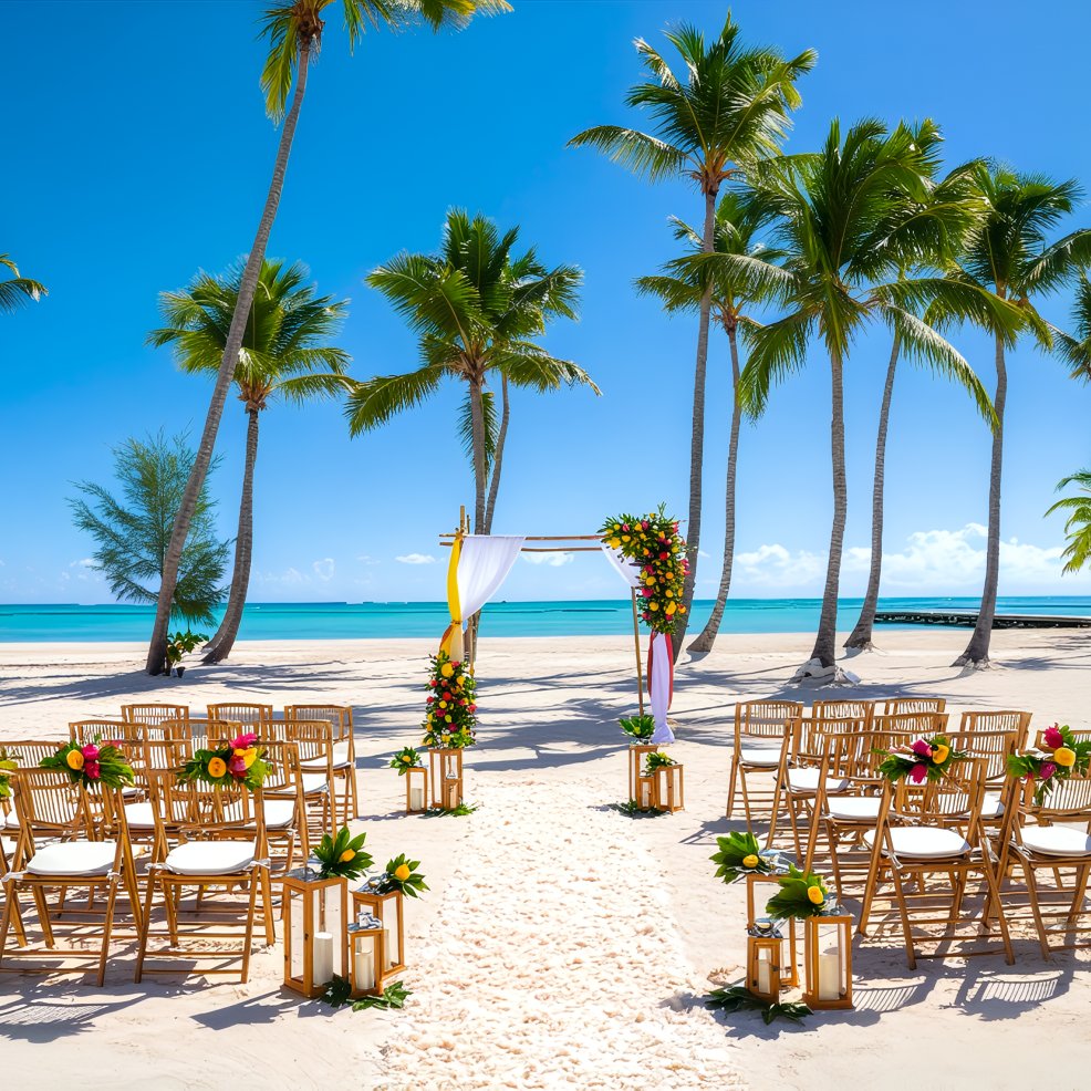 Destination wedding scene featuring wooden chairs, vibrant florals, and palm trees overlooking the ocean.
