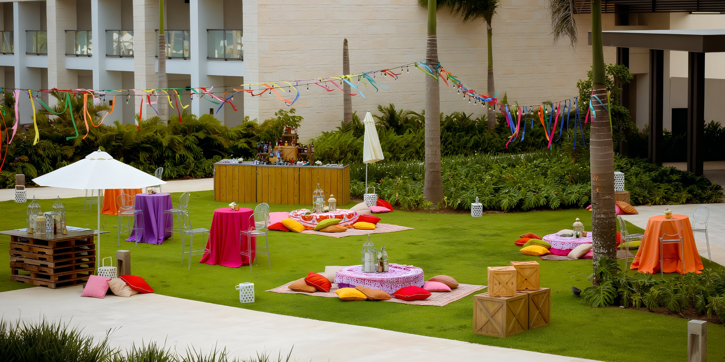 Hyatt Zilara Cap Cana: Outdoor lawn set for a destination wedding with colorful tables, cushions, string lights, and wooden bar.