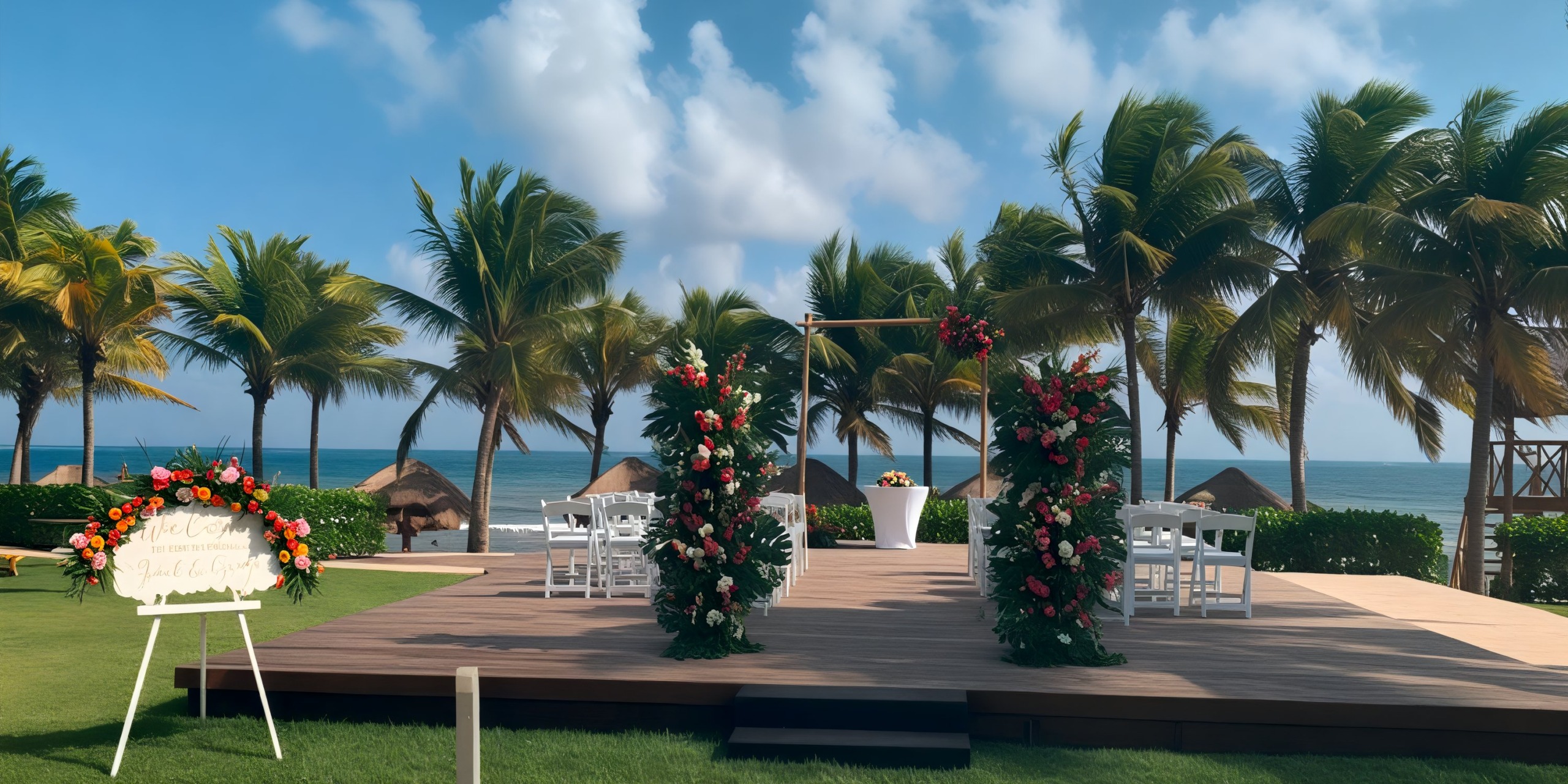A stunning destination wedding altar adorned with flowers at Hyatt Ziva Riviera Cancun, beautifully nestled among swaying palm trees.
