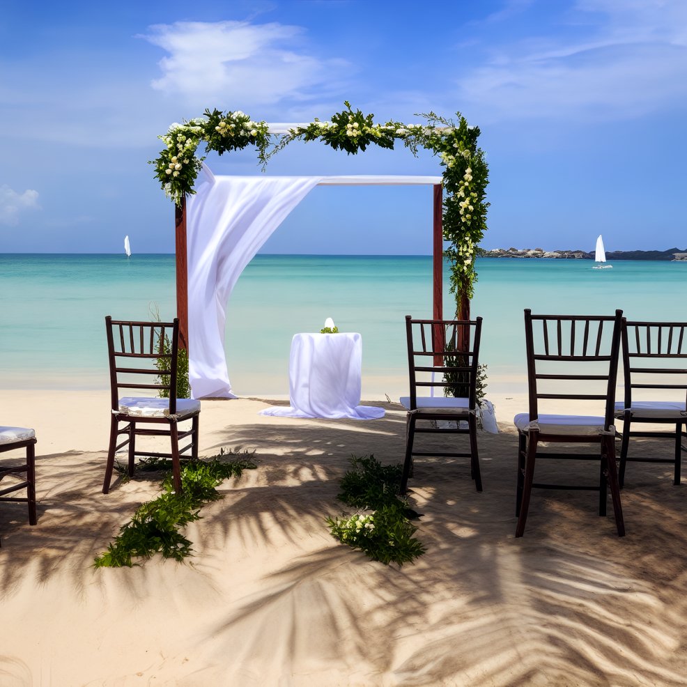 A destination wedding setup on the beach, chairs and a floral arch arranged facing the ocean under blue skies.
