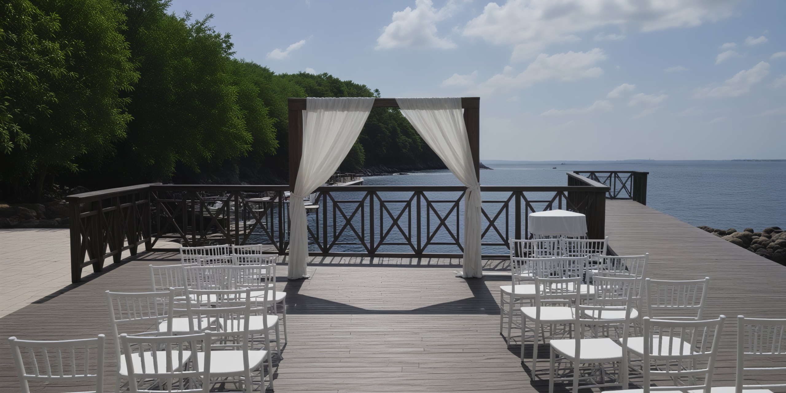 Seaside destination wedding with an elegant setup featuring white chairs and a beautiful arch.