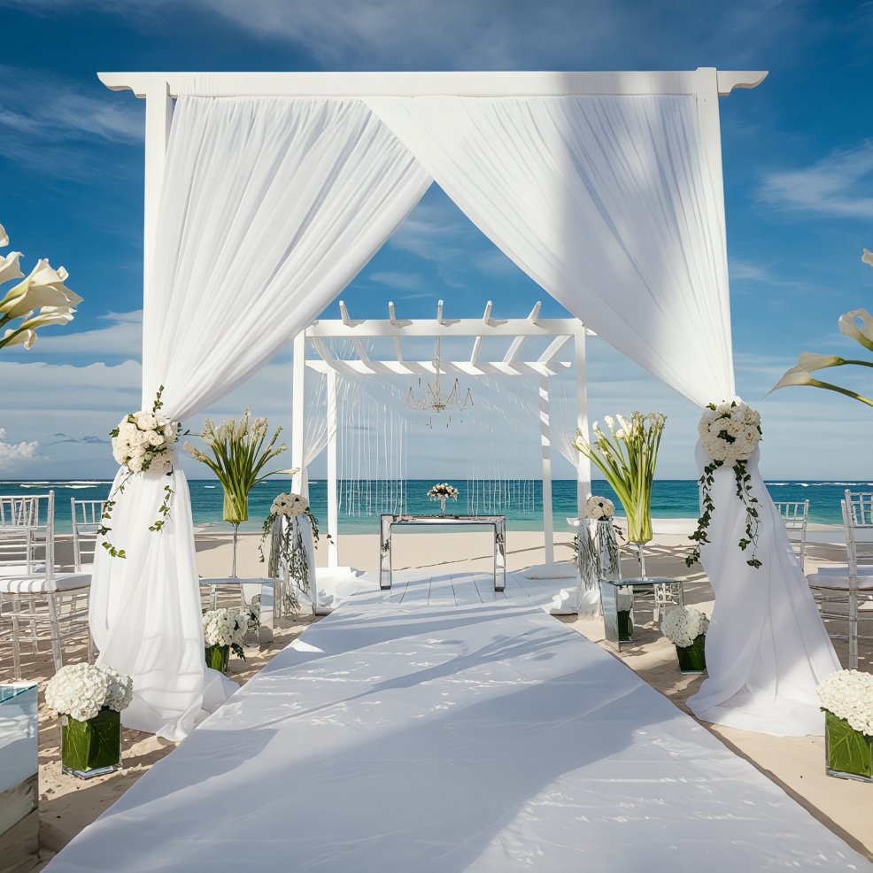 Elegant white wedding arch with flowing drapes and flowers, set on a beach for a destination wedding.