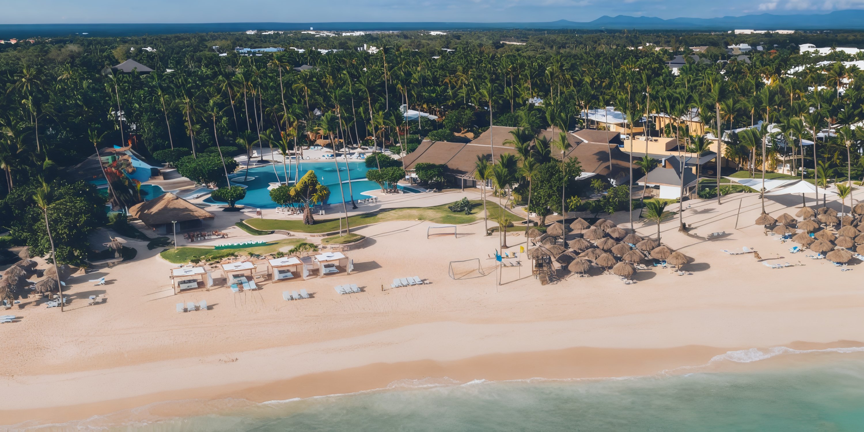 Aerial view of Iberostar Selection Bavaro, a destination wedding spot with pools, palms, and beach chairs.