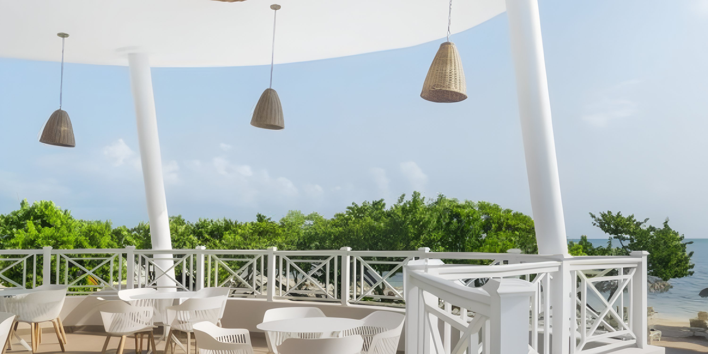 Iberostar Waves Rose Hall Beach: Patio with white chairs and canopy, perfect for a destination wedding.