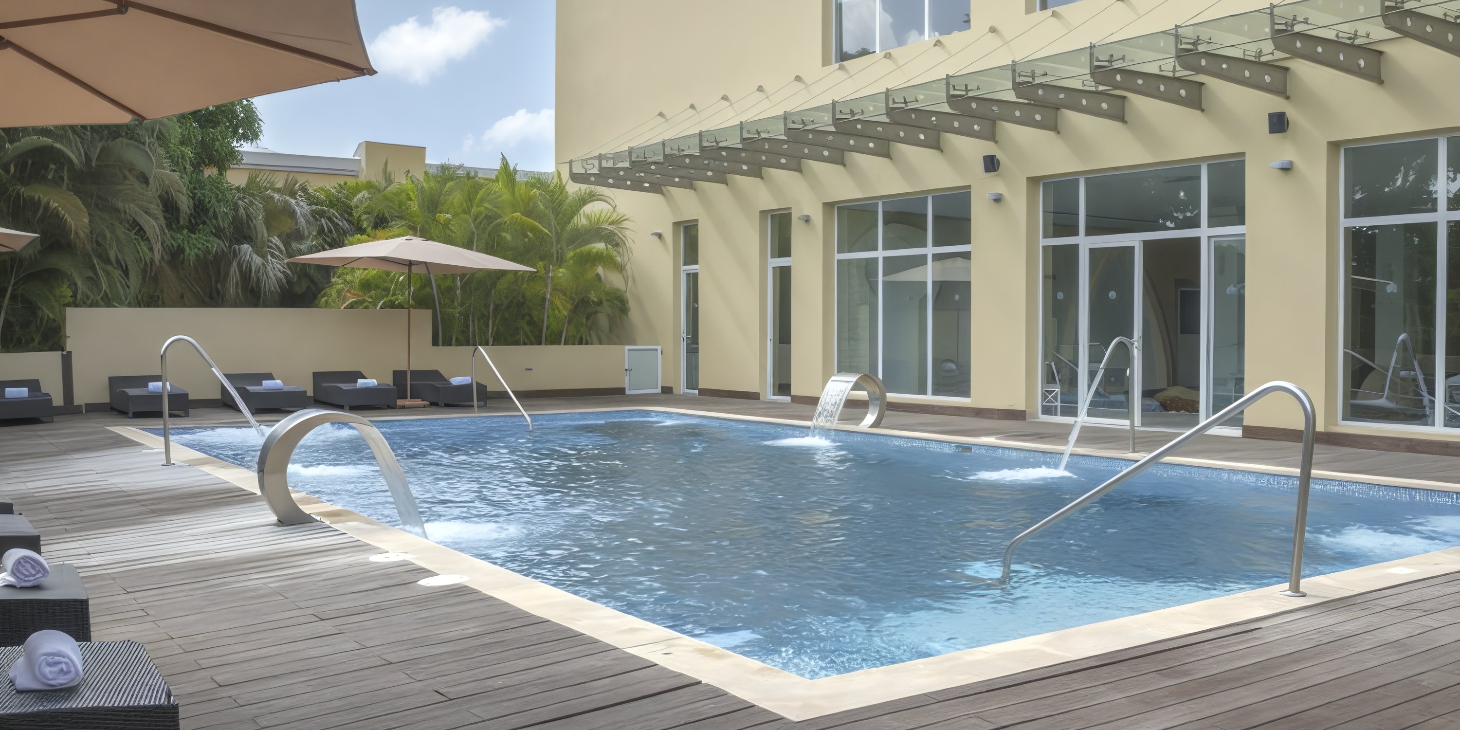 Outdoor pool at Iberostar Waves Punta Cana, ideal for destination weddings, with chairs and umbrellas.