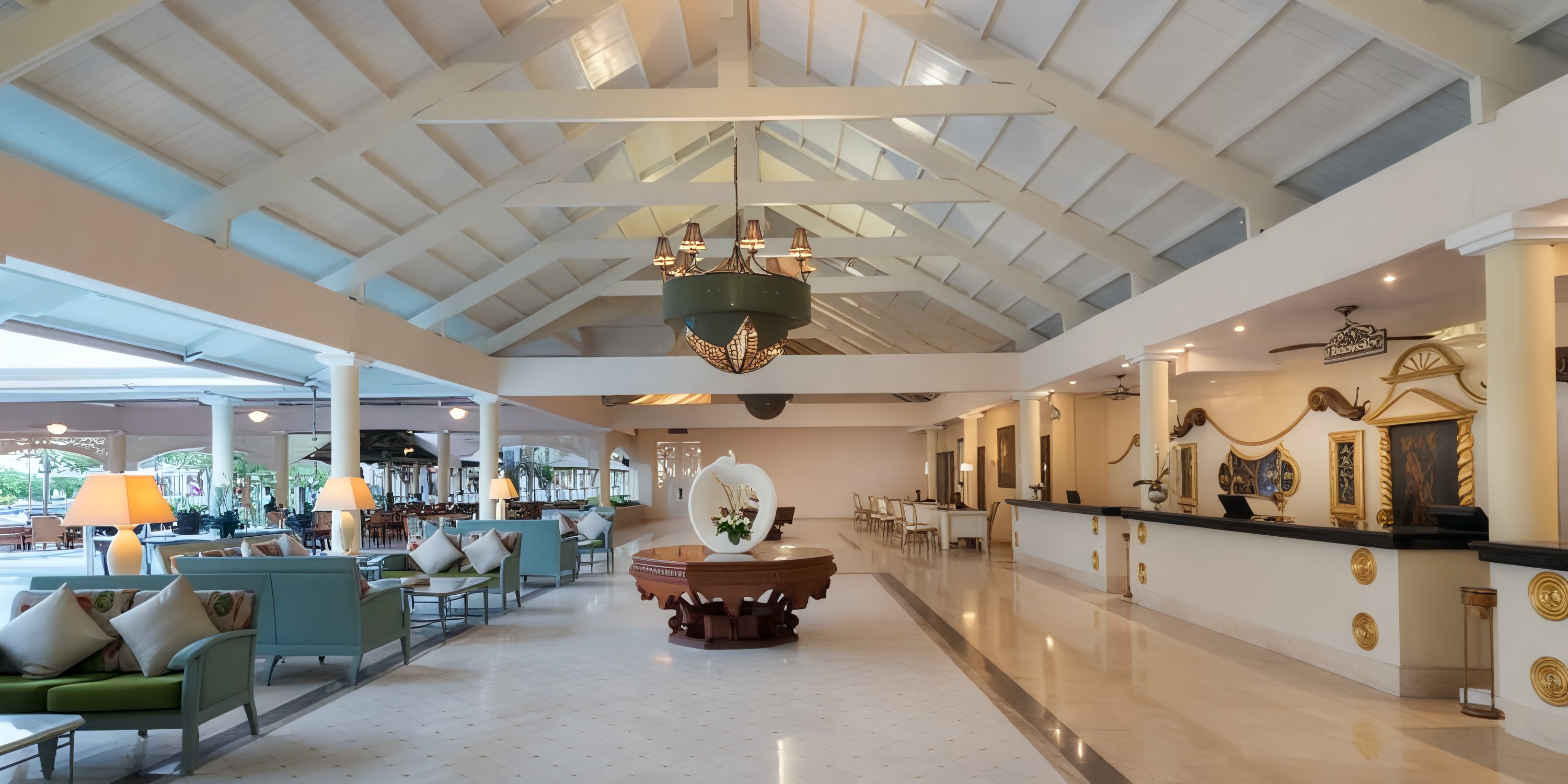The lobby at Iberostar Waves Punta Cana, ideal for destination weddings, features high ceilings and seating.