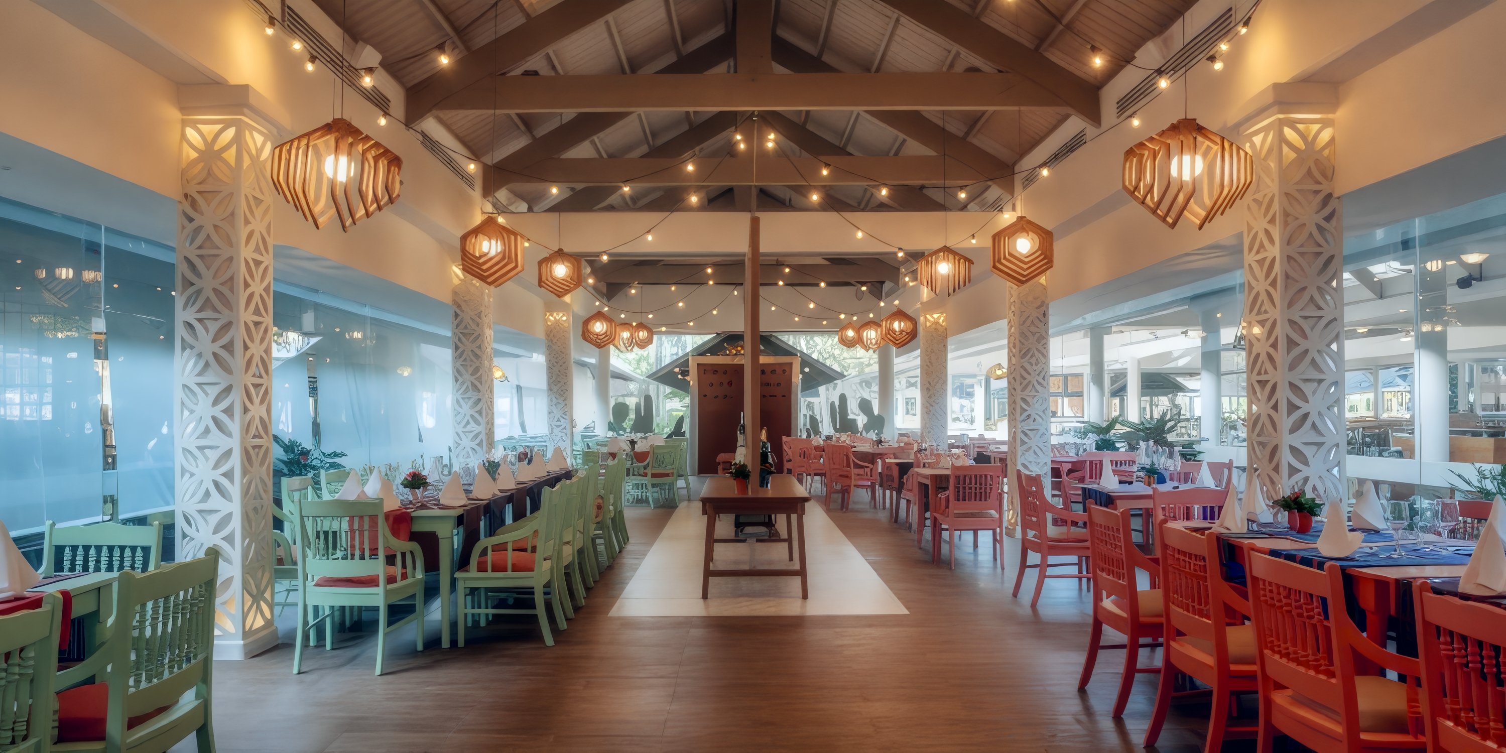 Spacious, modern Iberostar Waves Punta Cana is perfect for a destination wedding with vibrant chairs, wood ceiling, and hanging lights.