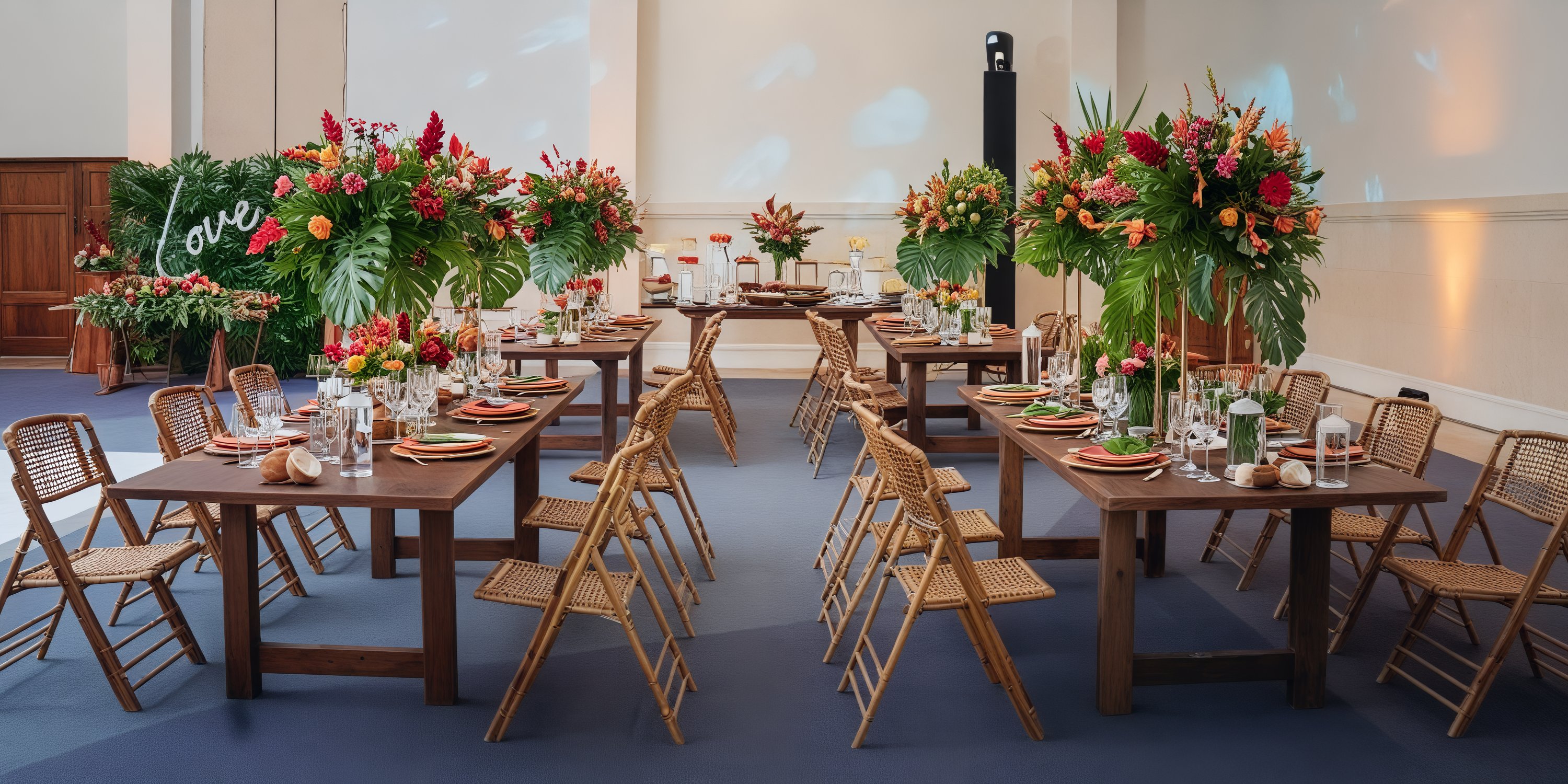 Iberostar Hacienda Dominicus: Perfect for a destination wedding, this banquet hall features wooden tables adorned with floral centerpieces and elegant bamboo chairs.