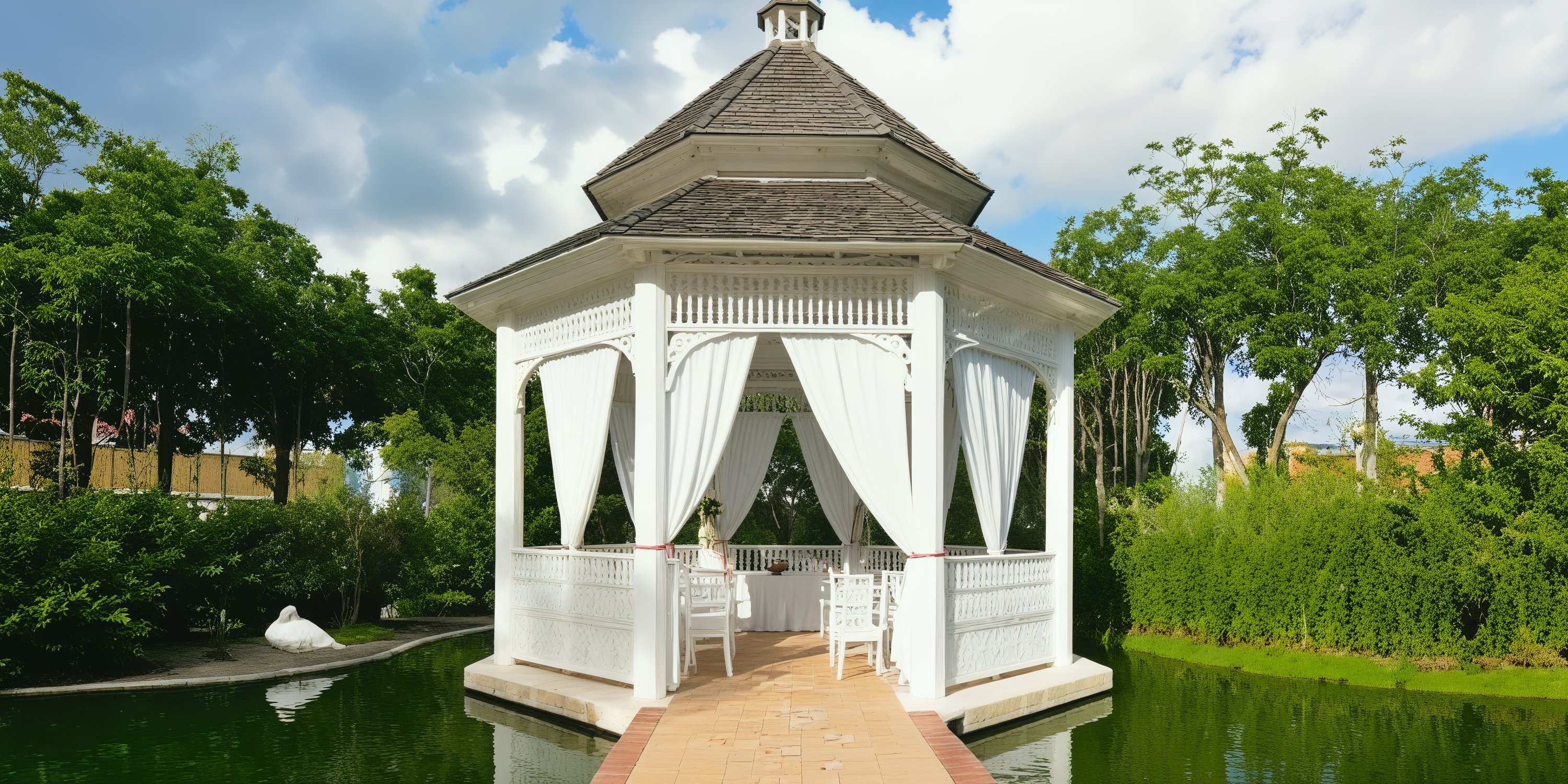 A picturesque gazebo with curtains at Iberostar Hacienda Dominicus, nestled in a lush garden by a serene pond, provides the perfect setting for a destination wedding.