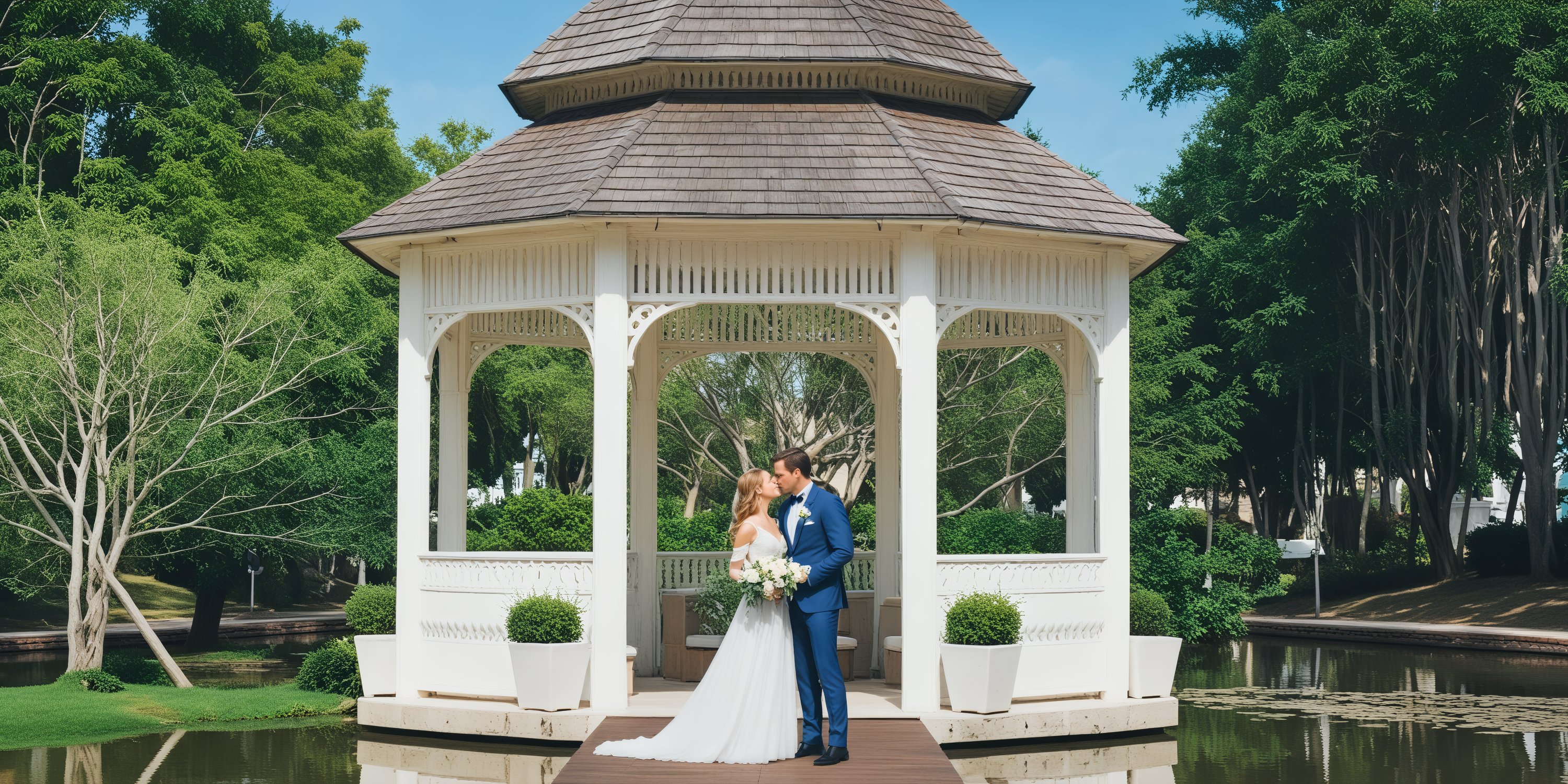 A couple shares a kiss at the picturesque white gazebo of Iberostar Hacienda Dominicus, surrounded by trees and a serene pond, creating an enchanting scene perfect for a destination wedding.