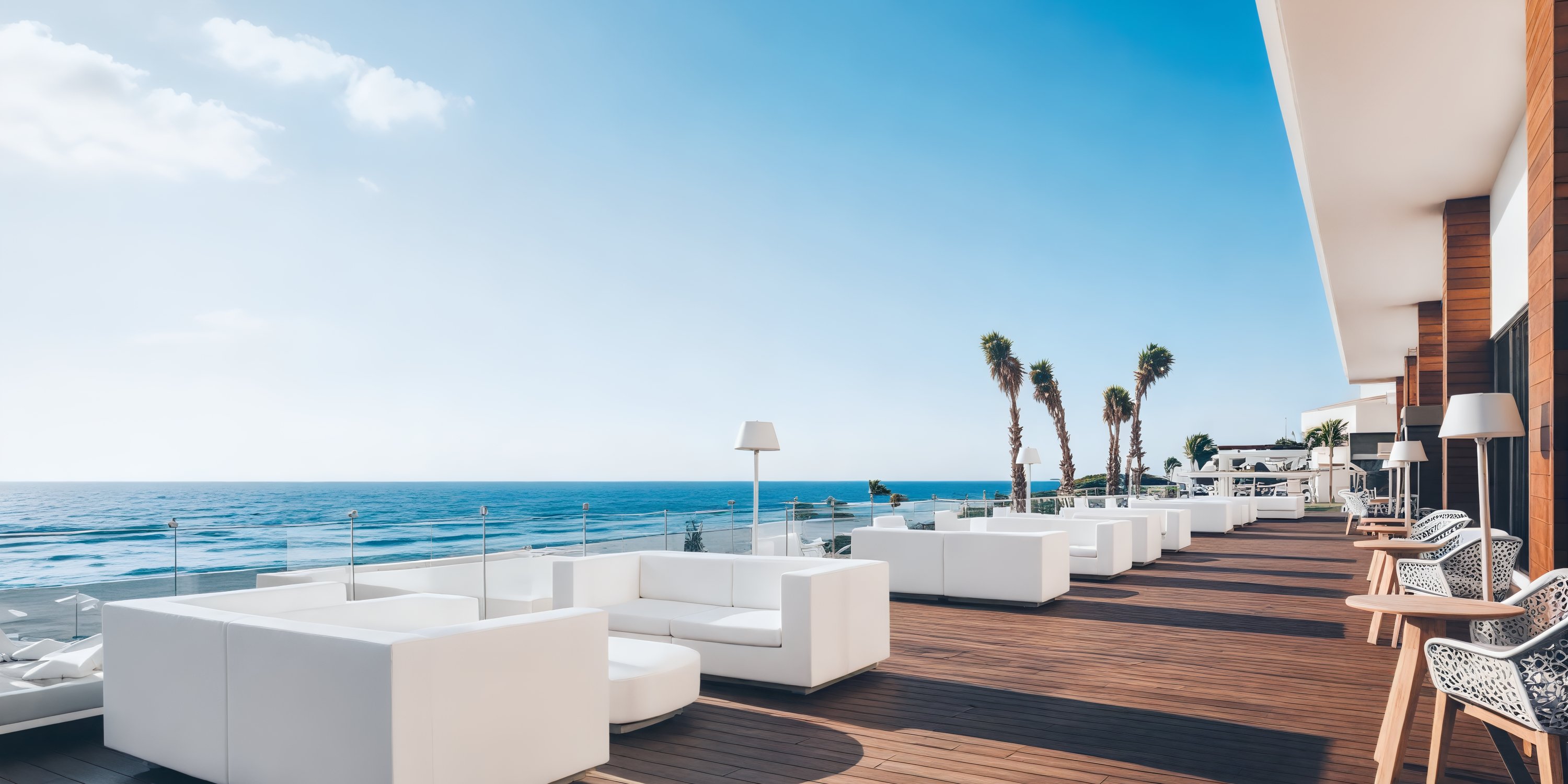 Oceanfront terrace at Iberostar Selection Cancun, perfect for a destination wedding, with white sofas, wood deck, and palm trees.