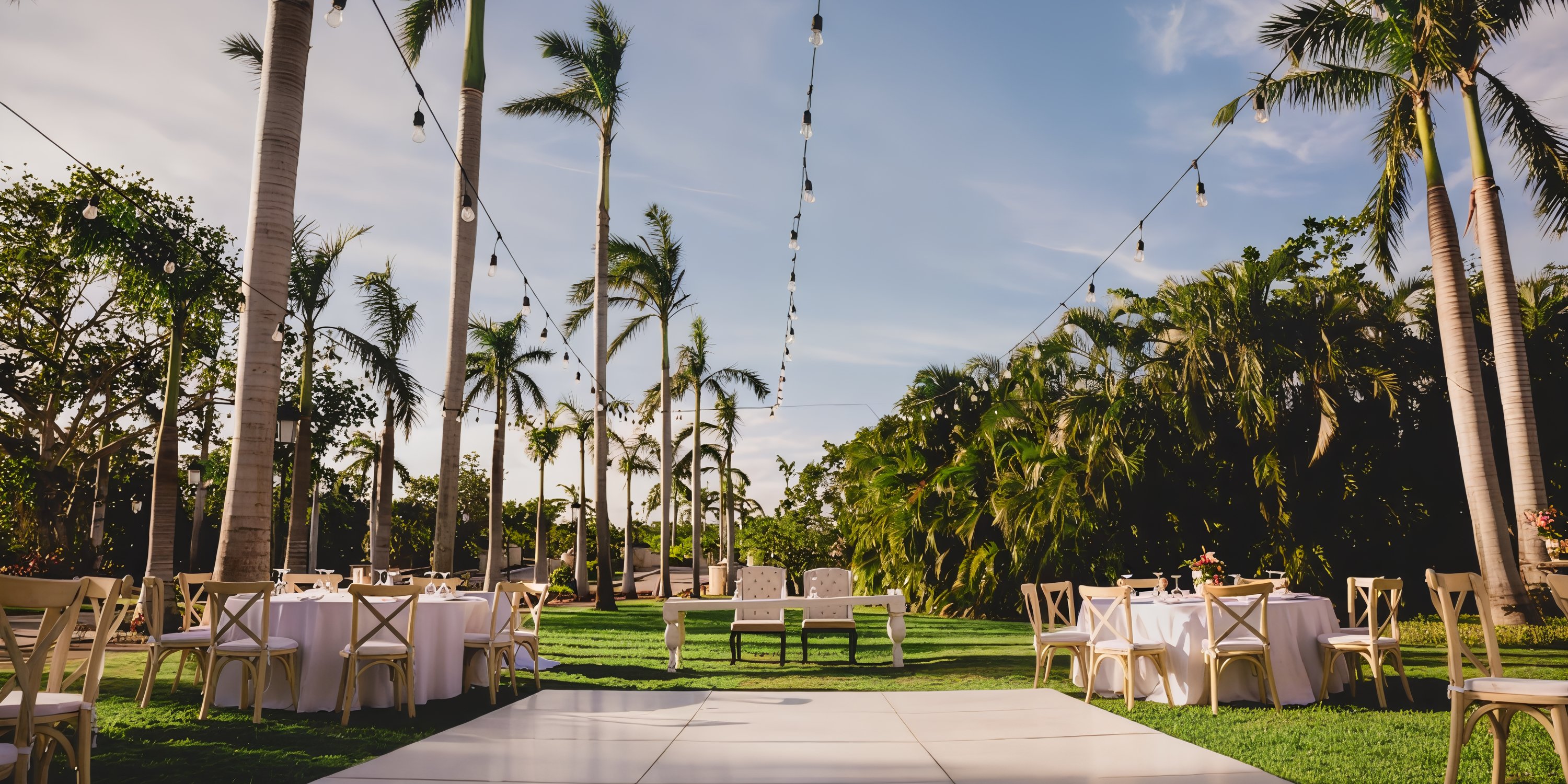 Destination wedding setup at Iberostar Selection Paraiso Lindo with round tables, chairs, and string lights.