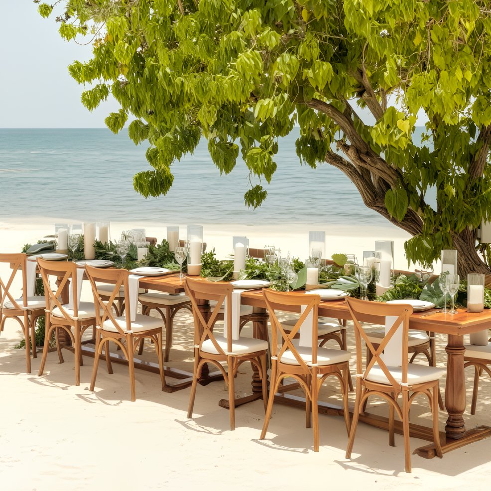 Elegant wedding dining table set under a tree on a sandy beach with ocean views at a destination wedding.