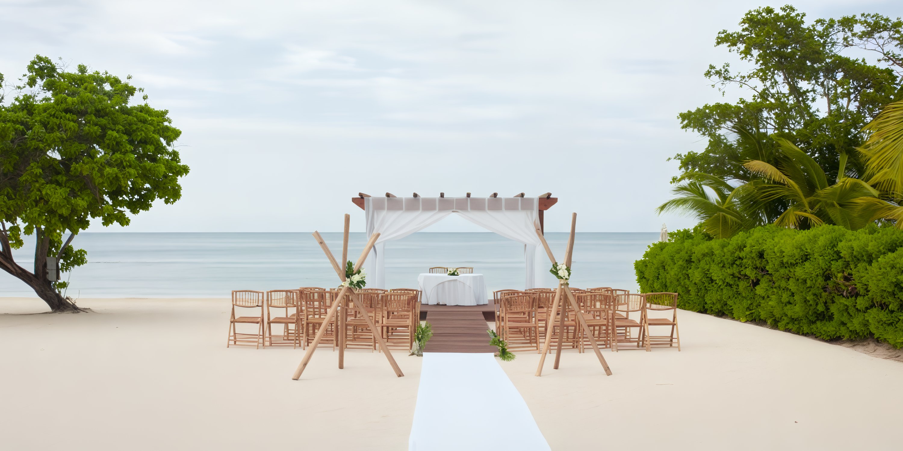 Destination wedding setup at Iberostar Selection Rose Hall Suites with chairs, canopy, and aisle on beach.