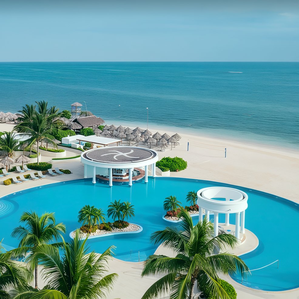 A large resort pool with a round helipad, palm trees, and a beach perfect for a destination wedding.
