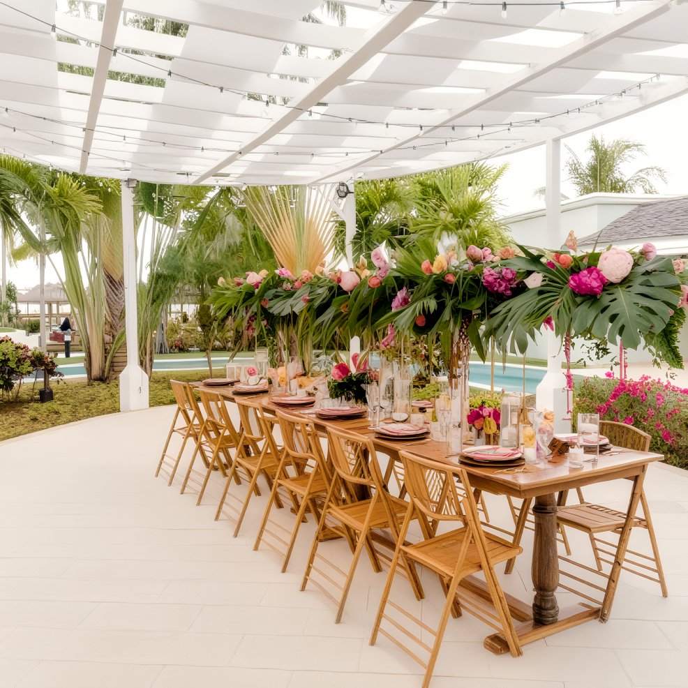 Long wooden table set for a destination wedding meal, featuring tropical floral centerpieces on a patio.