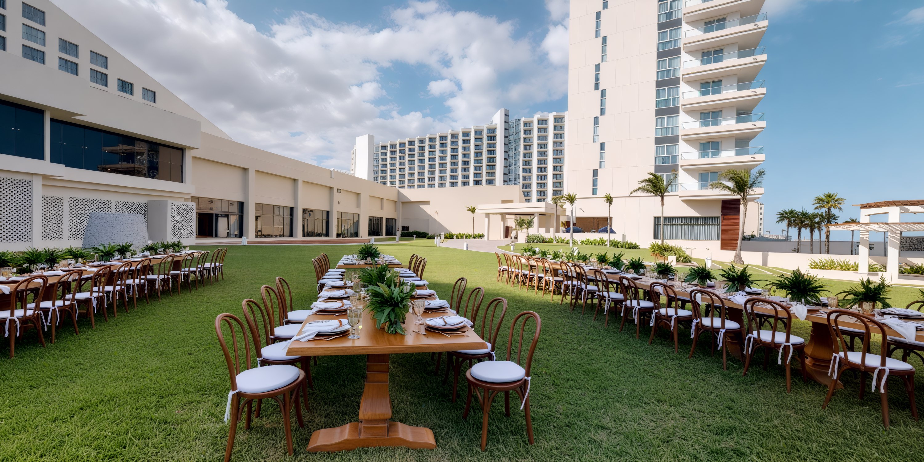 Outdoor dining setup at Iberostar Selection Cancun, ideal for destination weddings, with city views.
