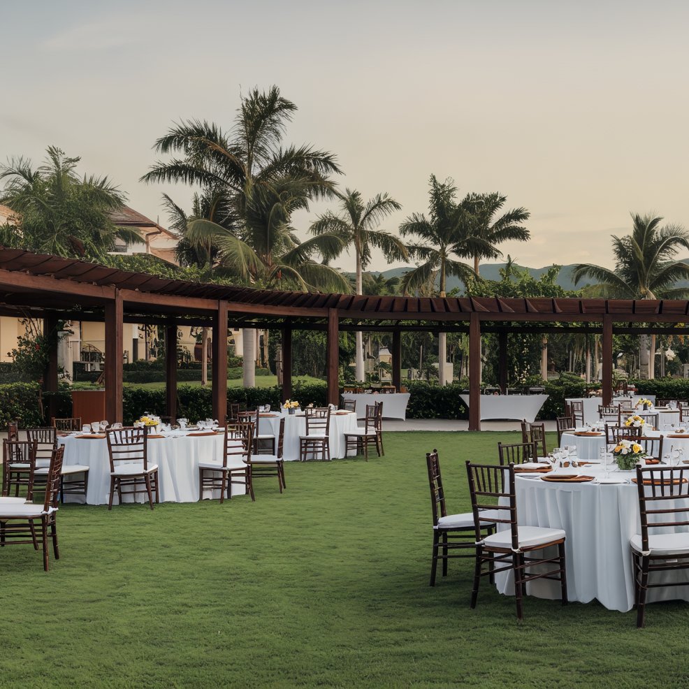 Destination wedding setup with round tables and chairs on grass, encircled by palm trees.