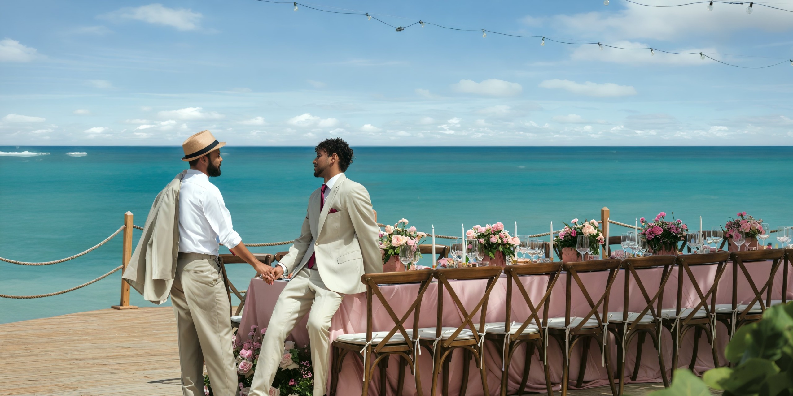 Two men in suits were engaged in a conversation by the Grand Palladium Palace, seated at an elegant table overlooking the sea. Their discussion centered around planning a destination wedding at this picturesque location.