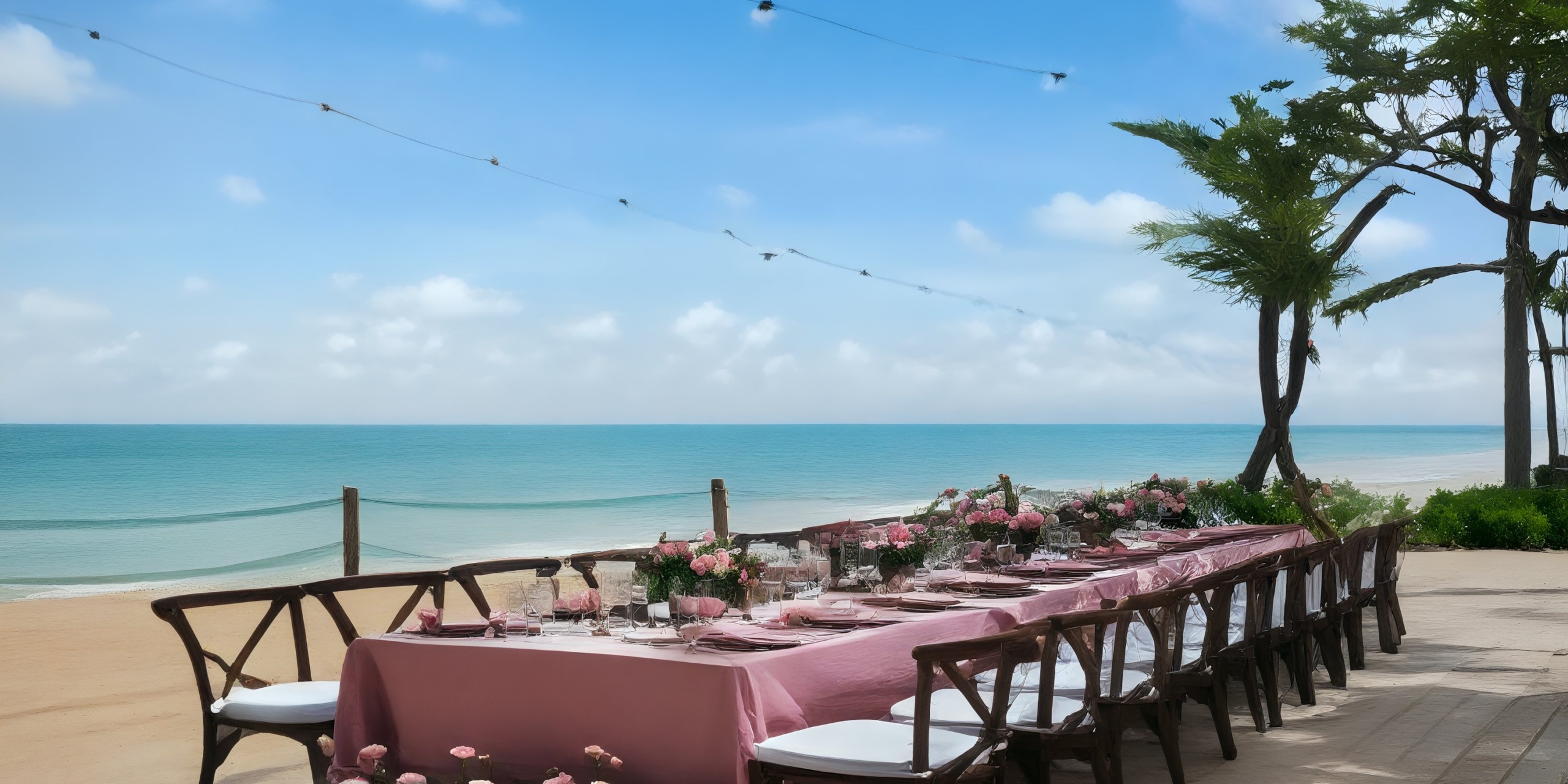 Experience beachfront dining at Grand Palladium Palace, where pink tablecloths, elegant chairs, and beautiful flowers create the perfect setting for a destination wedding.