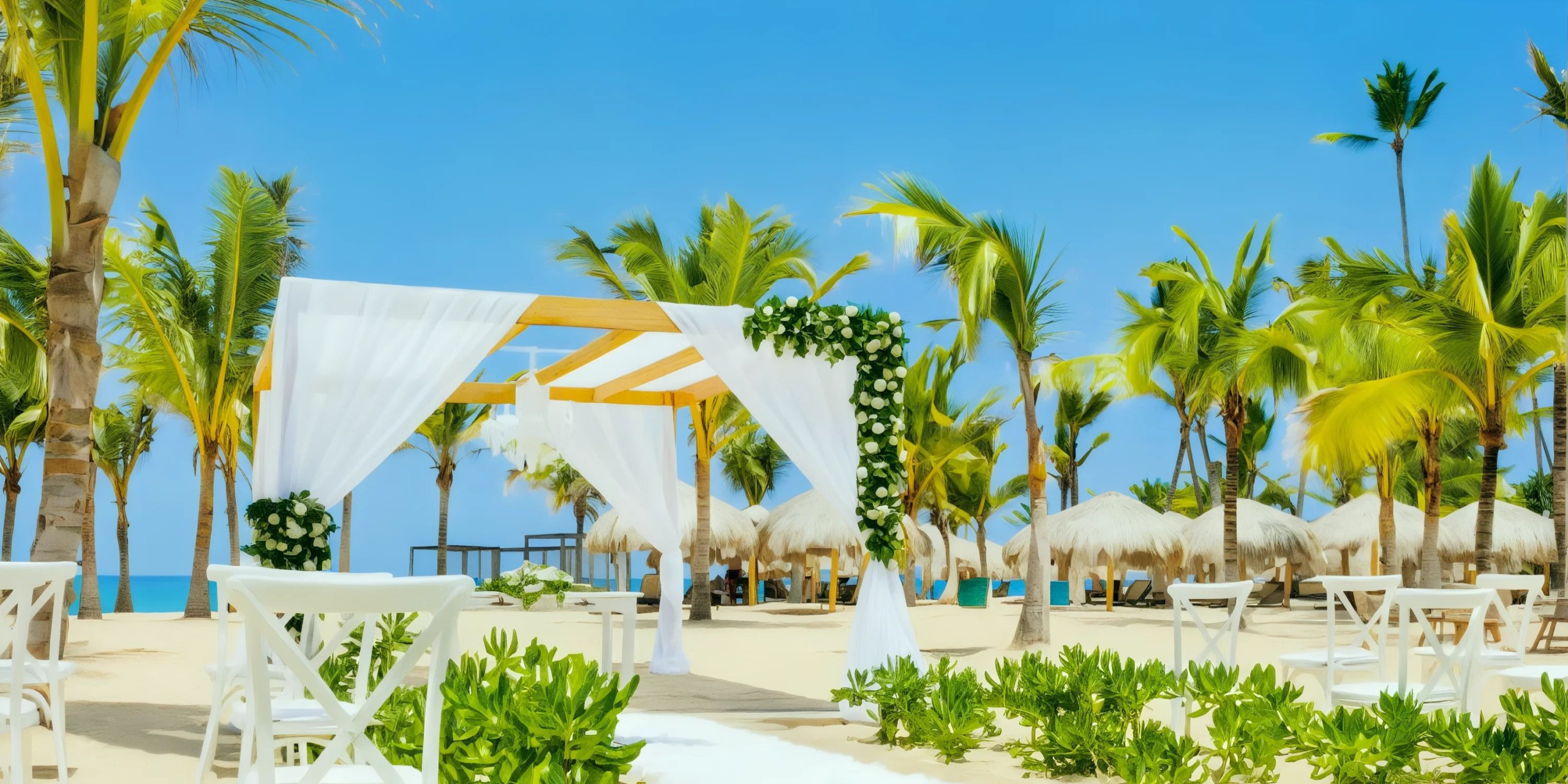Live Aqua Punta Cana offers a stunning beach wedding setup featuring a wooden arch elegantly draped in white fabric and adorned with beautiful flowers, surrounded by lush palm trees and pristine white chairs, all set against the backdrop of a sandy shore.
