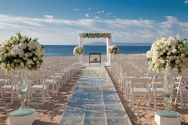 Destination wedding setup at Hyatt Ziva Puerto Vallarta with white chairs, floral decor, and ocean view.