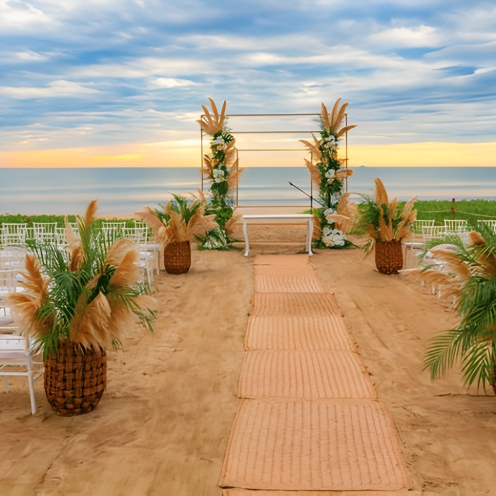 Destination wedding setup on the beach with chairs, aisle, and plants arranged to face the sunset ocean view.