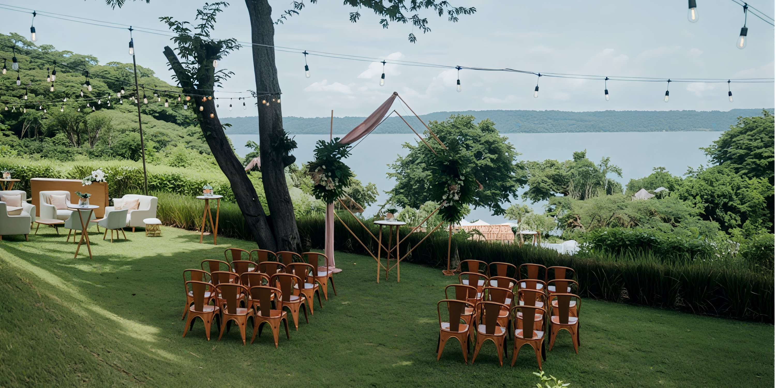 Destination wedding setup at Secrets Papagayo with chairs, string lights, and scenic lake view backdrop.
