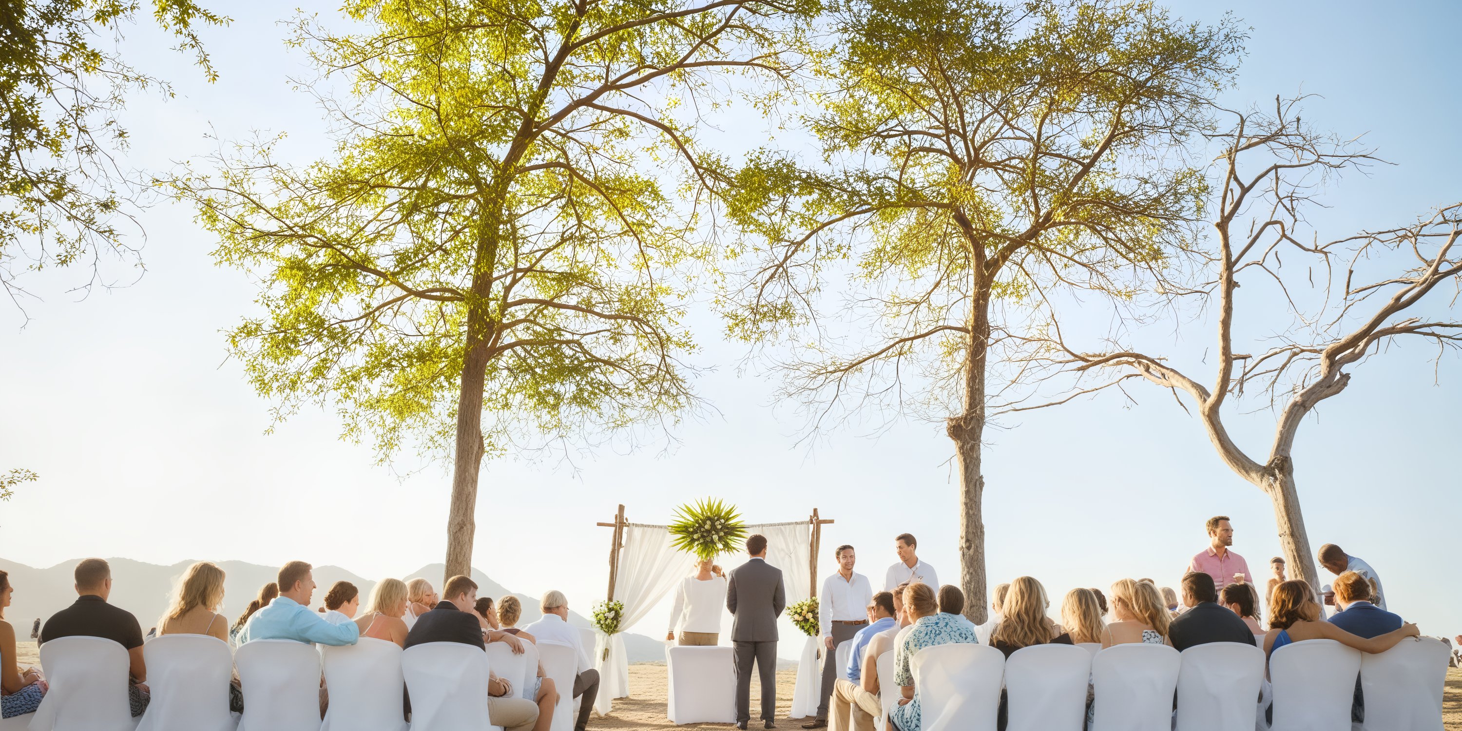 The outdoor destination wedding at Hotel Riu Palace Costa Rica features guests seated under trees, all facing the altar.