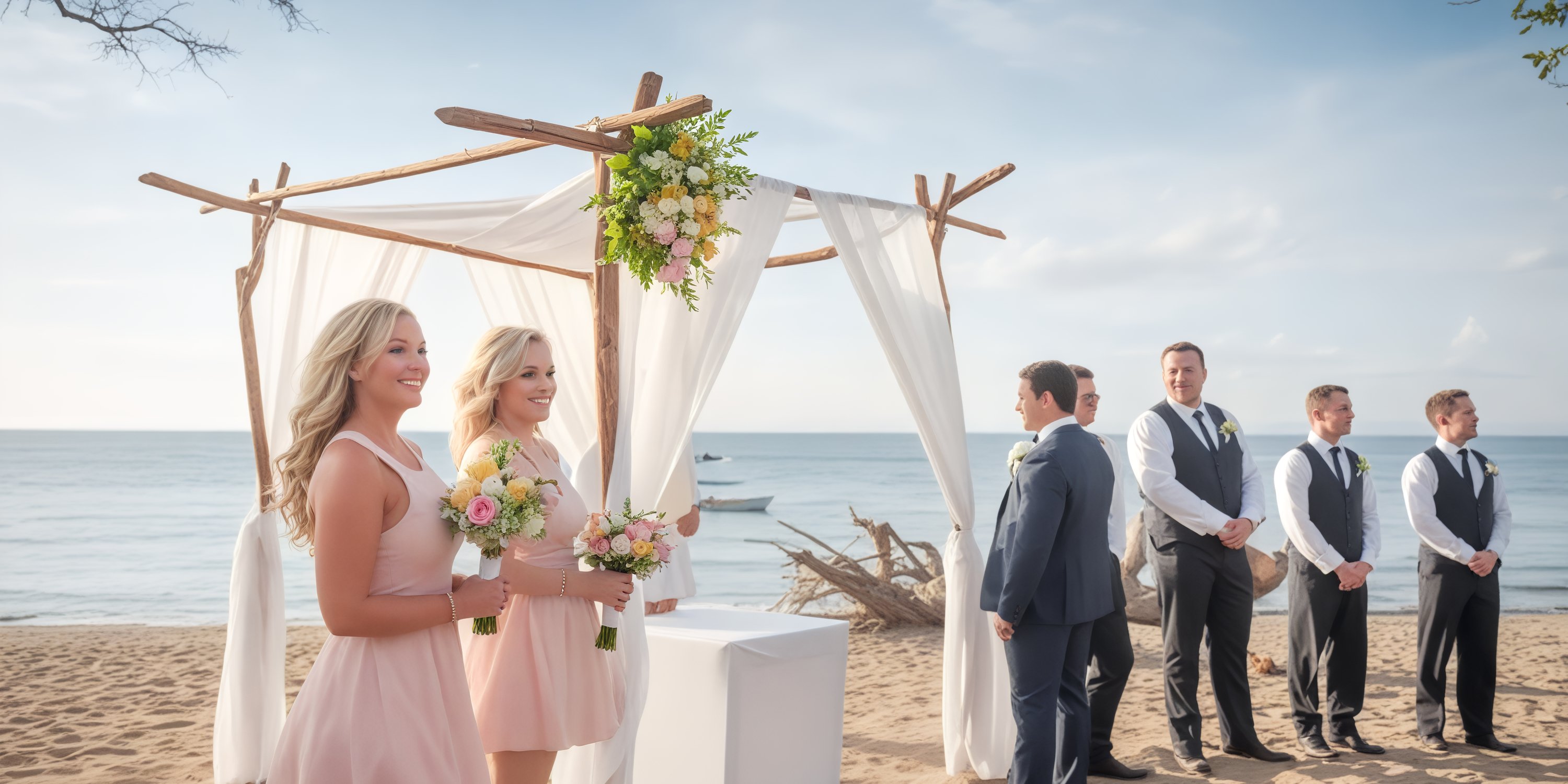 The bridal party gathered near a beautifully flower-adorned canopy for a beach wedding ceremony at the Hotel Riu Palace Costa Rica.