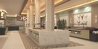 Elegant buffet area at Hotel Riu Jalisco, ideal for destination weddings, with stone and tile accents.